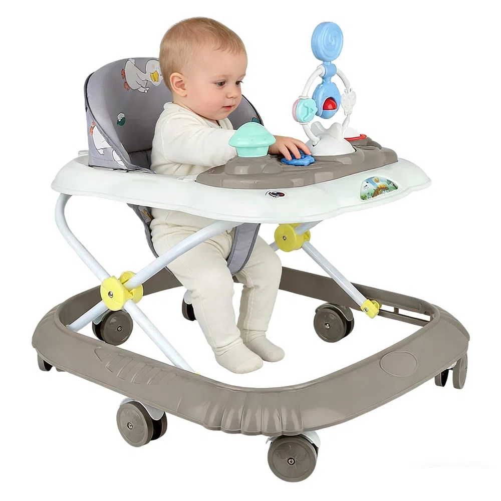Girello Bambino Primi Passi per Bambini da 6 Mesi a 15 kg, Regolabile in Altezza, girello pieghevole per bambini con vassoio di gioco interattivo con suoni, 67 * 72 * 92cm - Cachi (B)