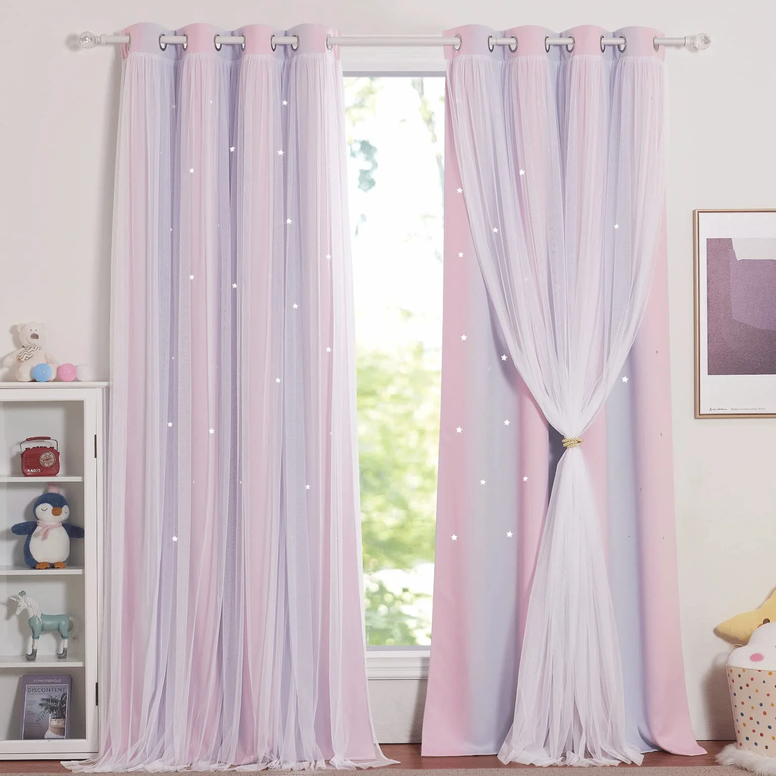 NICETOWN Tende Oscuranti per Camera da Letto Doppio Velo con Stelle Vuote 2 Pezzi 132x280 cm Rosa Viola