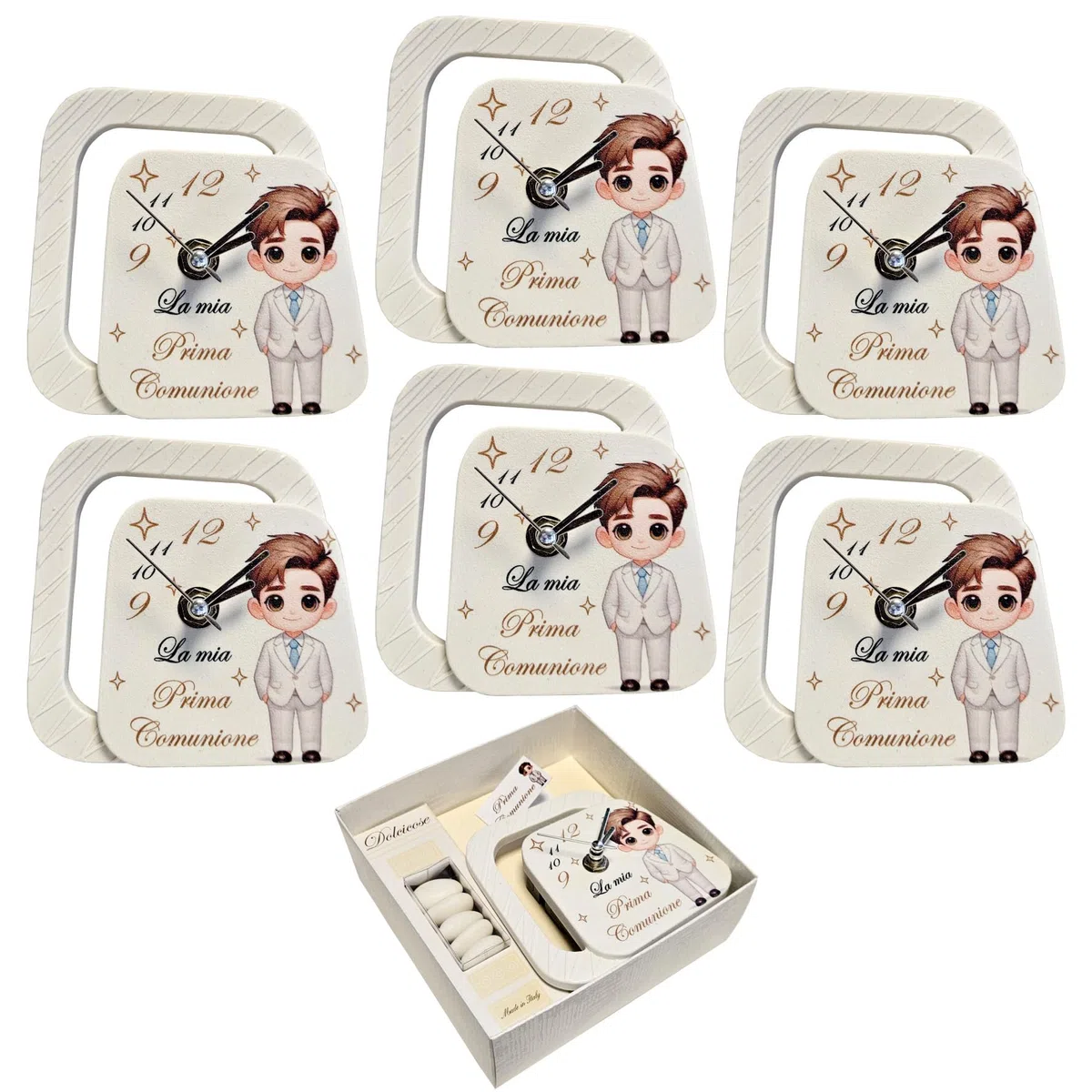 Generico Ametista Regali Bomboniere Set 6 Orologi Prima Comunione Maschio 11,5x11cm - Completi di Scatole, nastri in organza, confetti senza glutine e bigliettini personalizzati