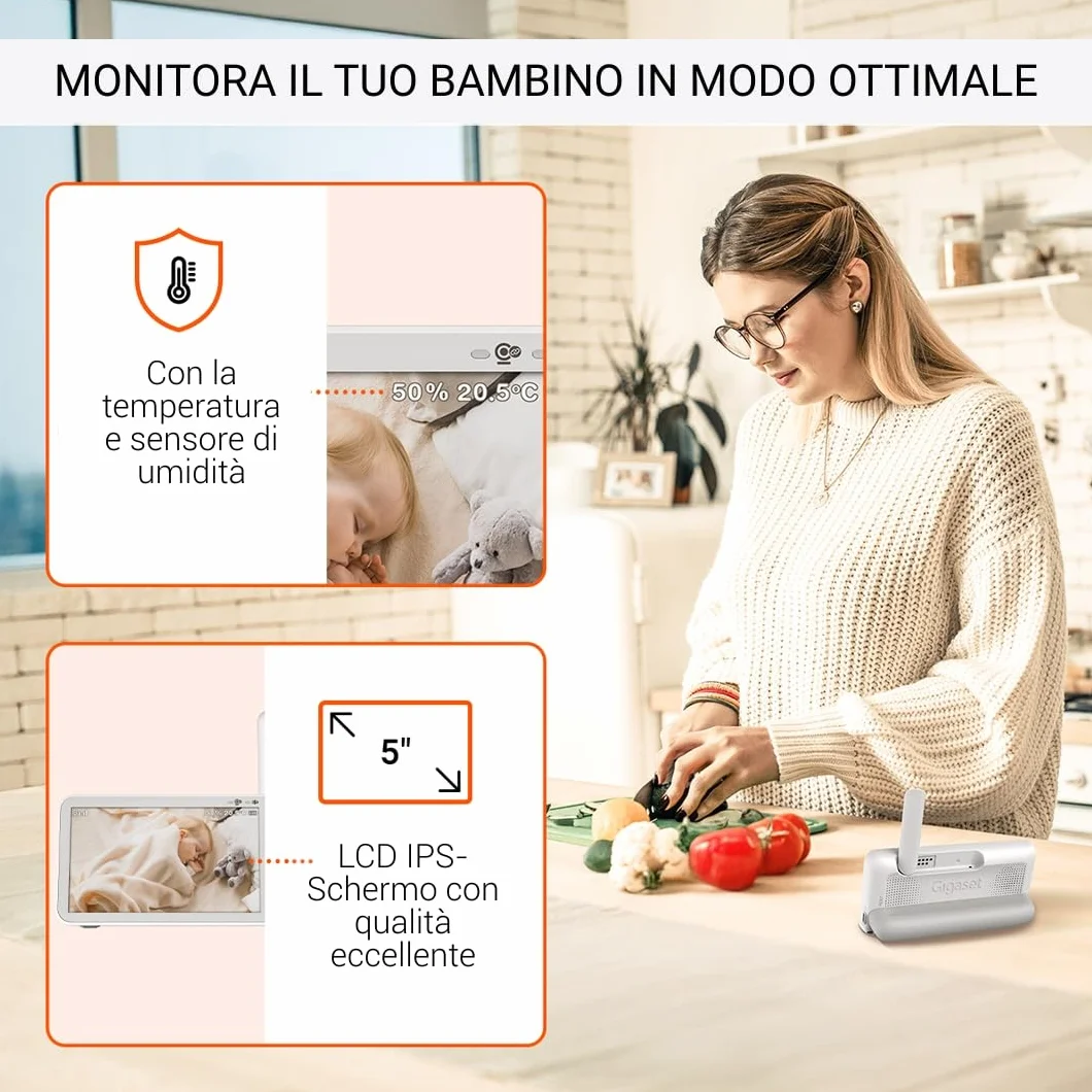 Gigaset BABY 500 Video – Videocamera con trasmissione video HD –Tecnologia FHSS sicura–Schermo LCD IPS da 5"-lunga durata della batteria-modalità visione notturna,Cream White/Bronze[Versione Italiana]