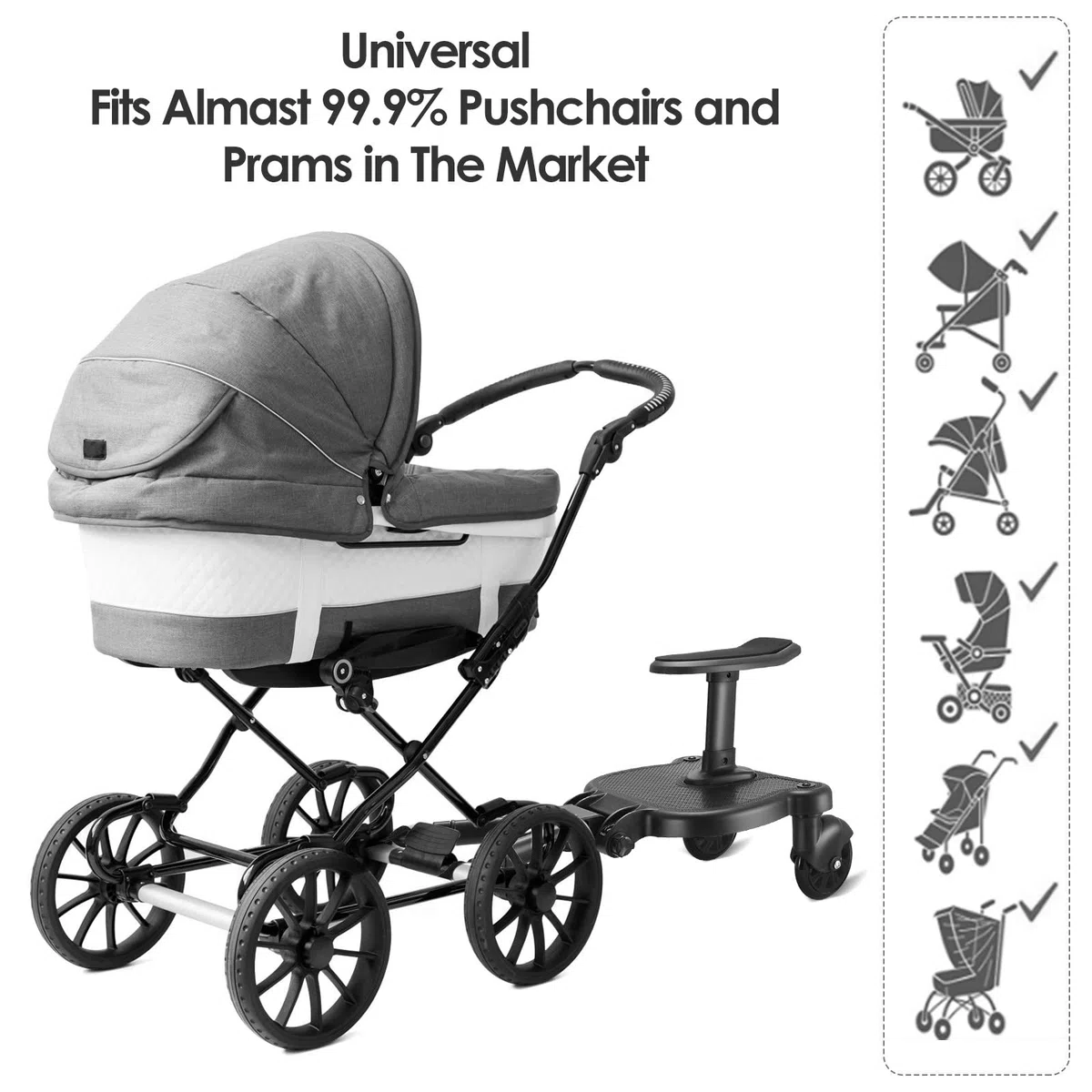 Pedana Passeggino Universale con Sedile, FNRIDS Tavolette Portatili per Passeggini, con cinghia di sospensione,Design Stabile a due Ruote, Accessori per Passeggini per Bambini da 2 a 6 anni (nero)