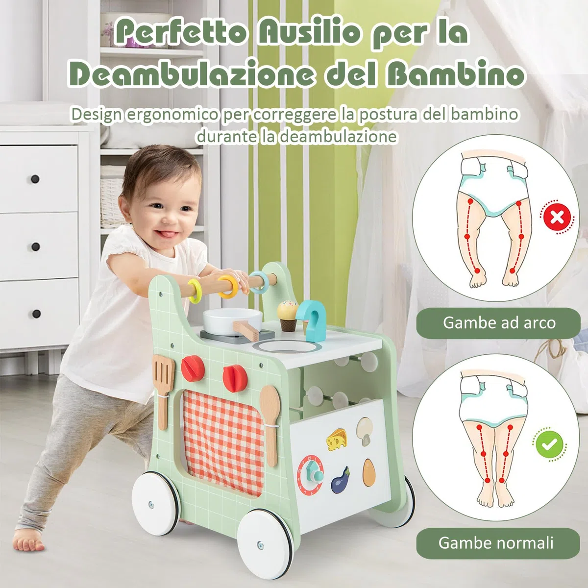 COSTWAY Carrello Primi Passi in Legno per Bambini, Centro Attività Montessori con Giacattoli, Gioco Educativo con Ruote, Girello per Bambini 12 Mesi +, 31 x 34,5 x 42 cm (Verde)