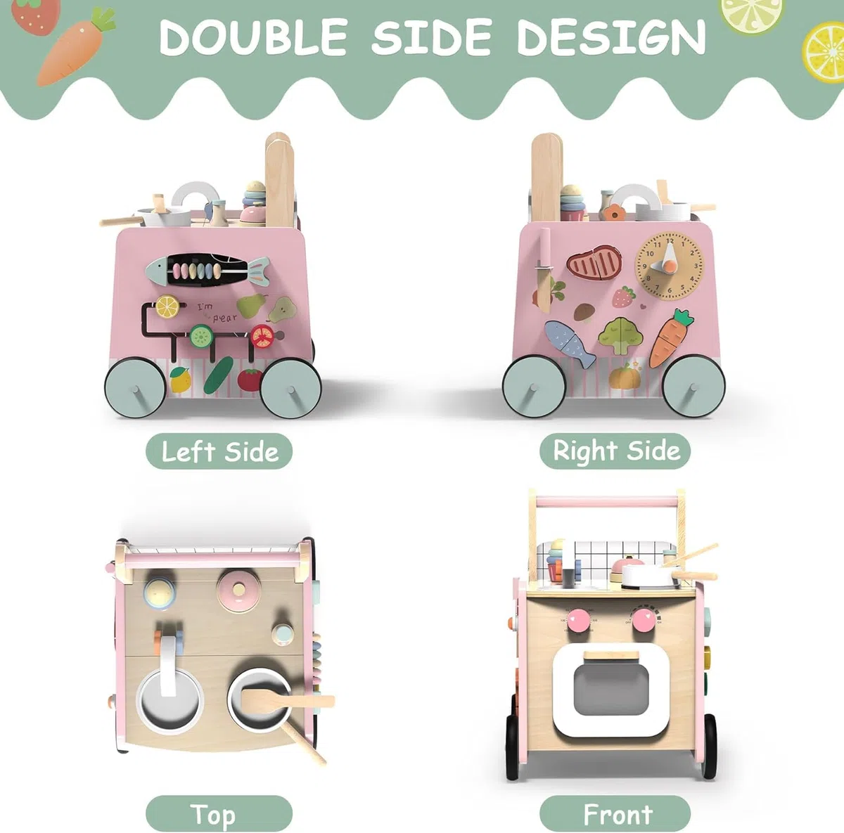 VITONIS Girello per Bambini di Legno, Carrello Primi Passi con 8 Giochi Interattivi, Girello Montessori Push Walker Regalo per Bambini e Ragazze