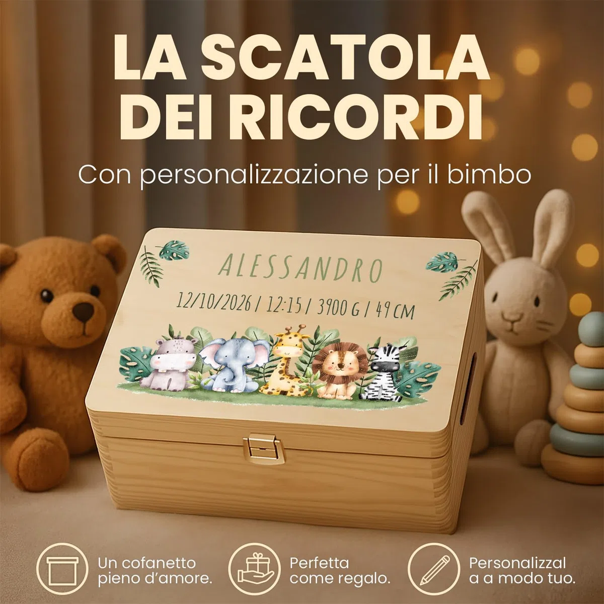 Maverton Scatola Ricordi Neonato o Neonata Personalizzata - Scatola Regalo per Bambini in Legno di Pino Naturale - Regalo Battesimo Bimbo o Bimba - regalo di Natale - Porta Oggetti per Ricordi Nascita