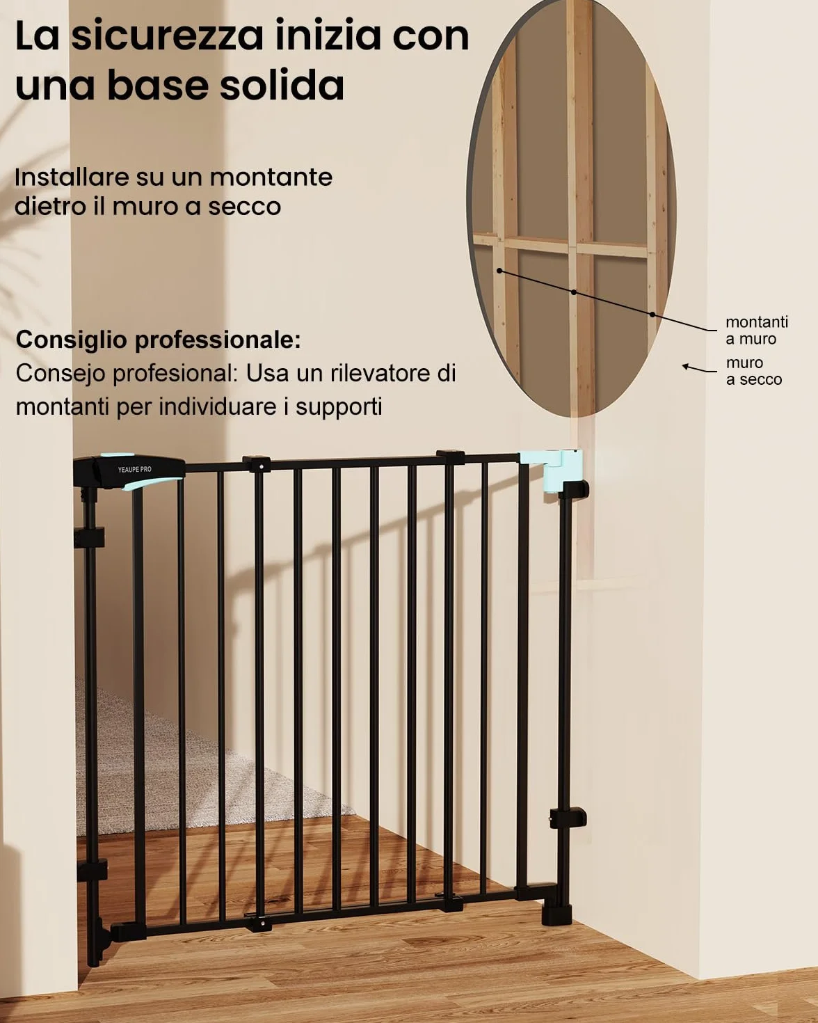 YEAUPE PRO Griglia di protezione per scale senza foratura, per bambini, 75 – 110 cm, telescopica, griglia di protezione per scale e porte, griglia di protezione per porte e cani, apertura manuale a 1