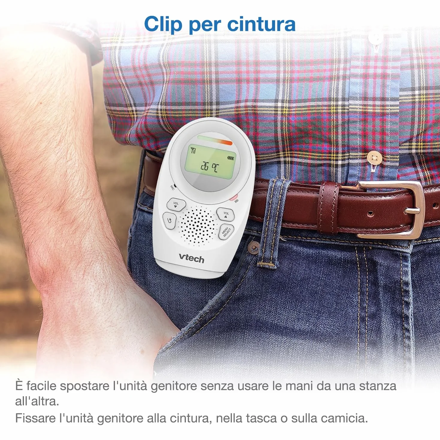 VTech BM1211 Monitor Audio per Bambini, trasmissione sonora chiara, lunga portata, controllo volume 5 livelli, luce notturna, funzione parlare, clip cintura