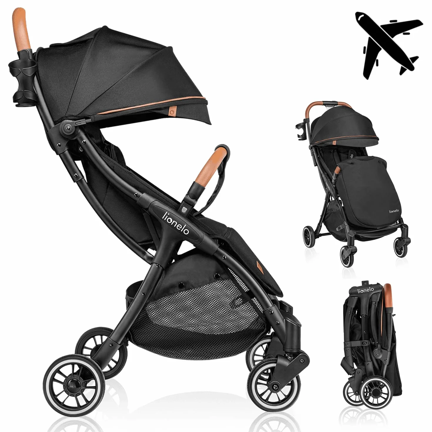 LIONELO Julie One Passeggino leggero pieghevole 0-22 kg Compatto zanzariera coprigambe portabibite borsa Poggiapiedi regolabili schienale sdraiata Nero