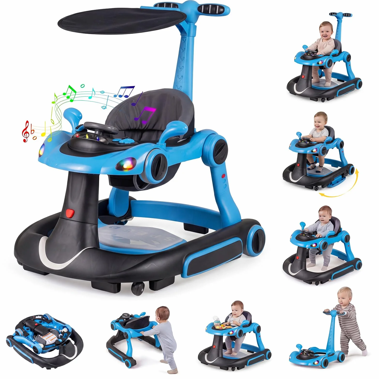 COSTWAY Girello per Bambini 6-in-1 Evolutivo, Centro Attività Pieghevole con Maniglia, Regolazione Altezza/Velocità, con Musica, Luci Tenda, per Neonati 6-18 Mesi (Nero+Blu)