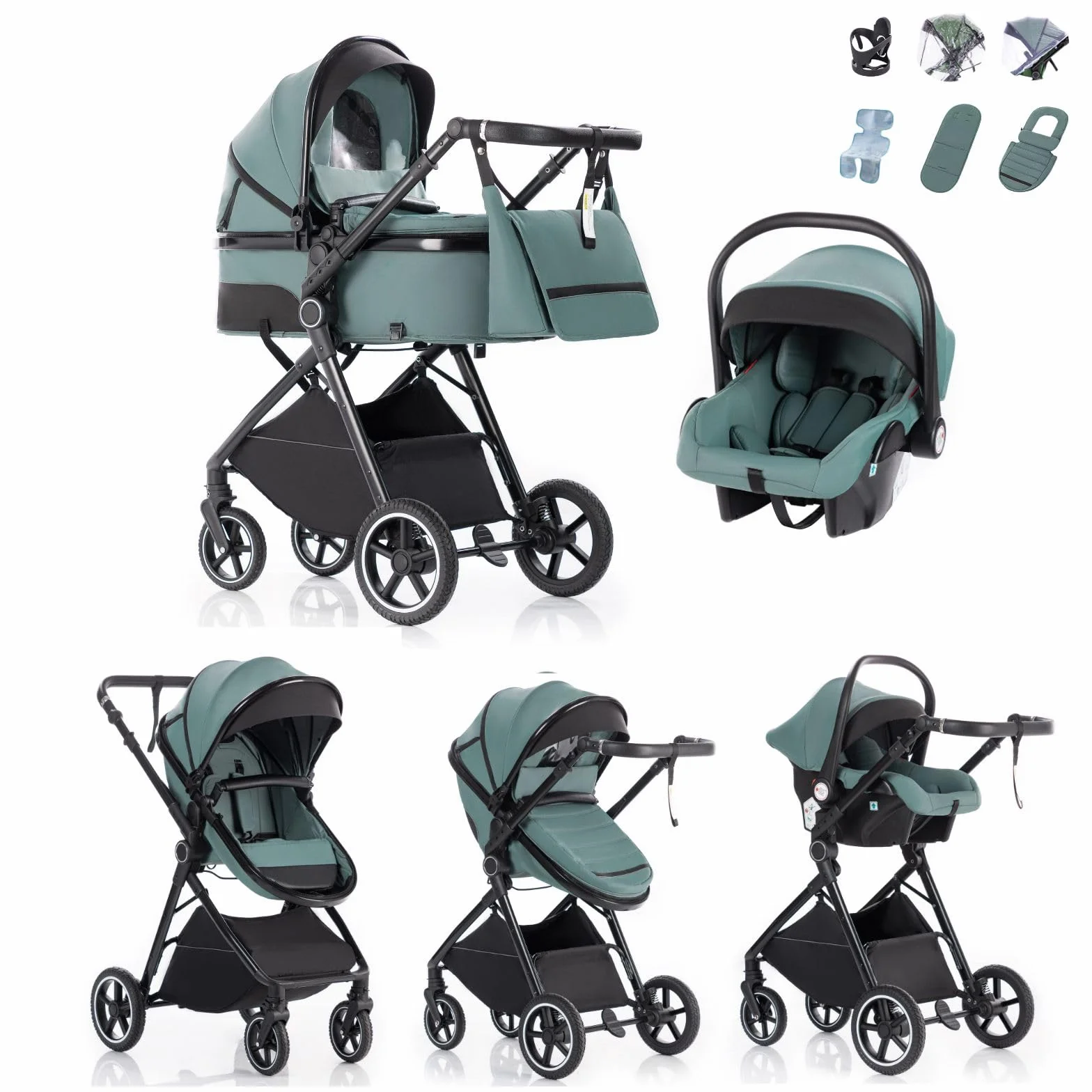 Passeggino 3 in 1 con Seggiolino Auto, Carrozzina Pieghevole, Sospensione 4 Ruote, per Neonati 0-3 Anni (15kg), Blu-Verde