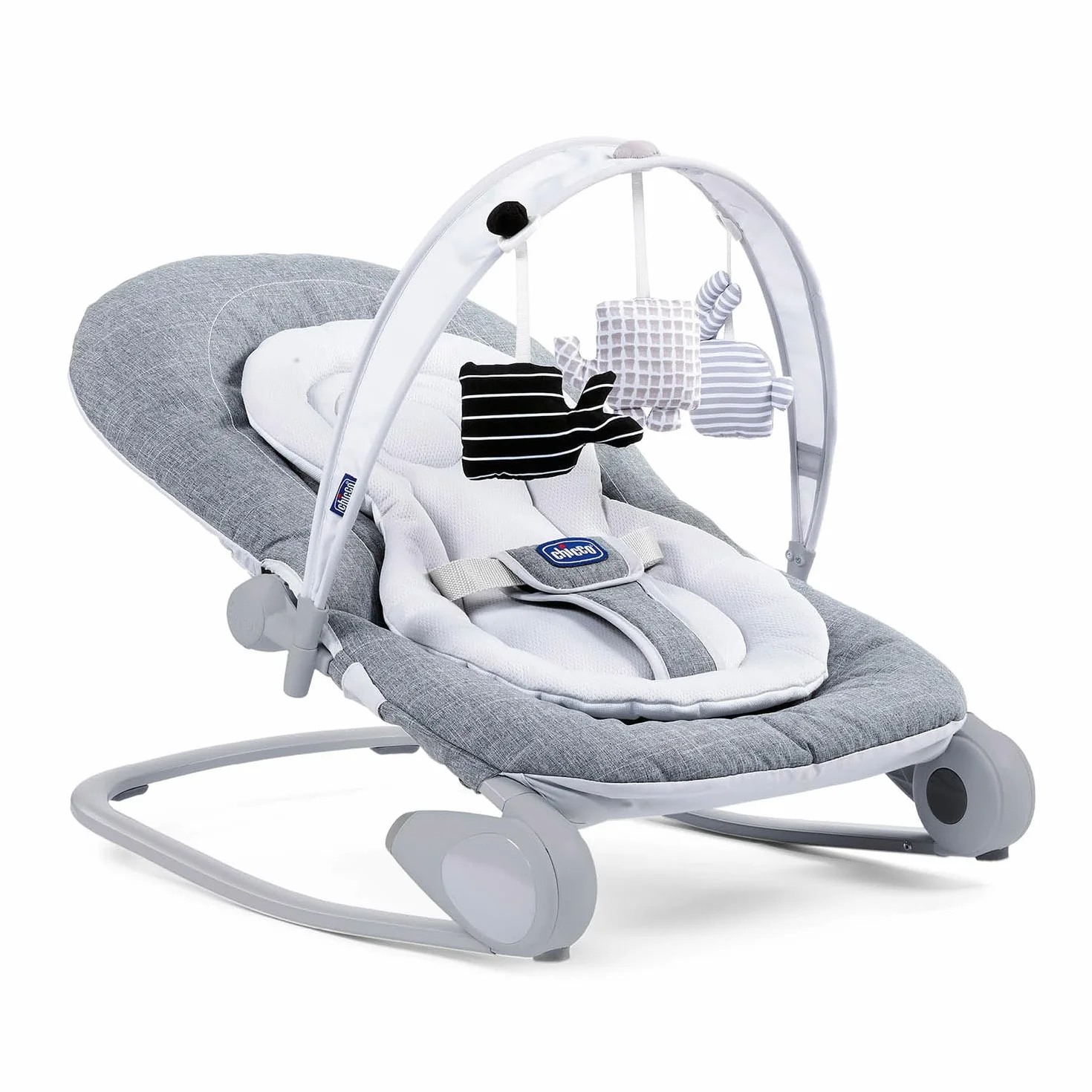 Chicco Hooplà Sdraietta Neonati e Bambini da 0 Mesi a 18 kg, Funzioni Dondolo e Poltroncina, con Barra Gioco, Schienale Regolabile e Cuscino Riduttore, Chiusura Compatta, Grigio chiaro