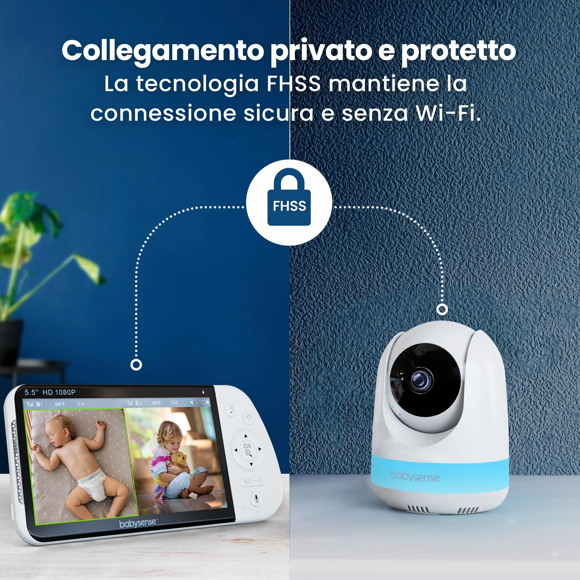 Babysense Babyphone Full HD con schermo diviso a 2 camere, luce notturna a 6 colori, rilevatore di rumori e luci, batteria da 20 ore, connessione sicura senza WLAN