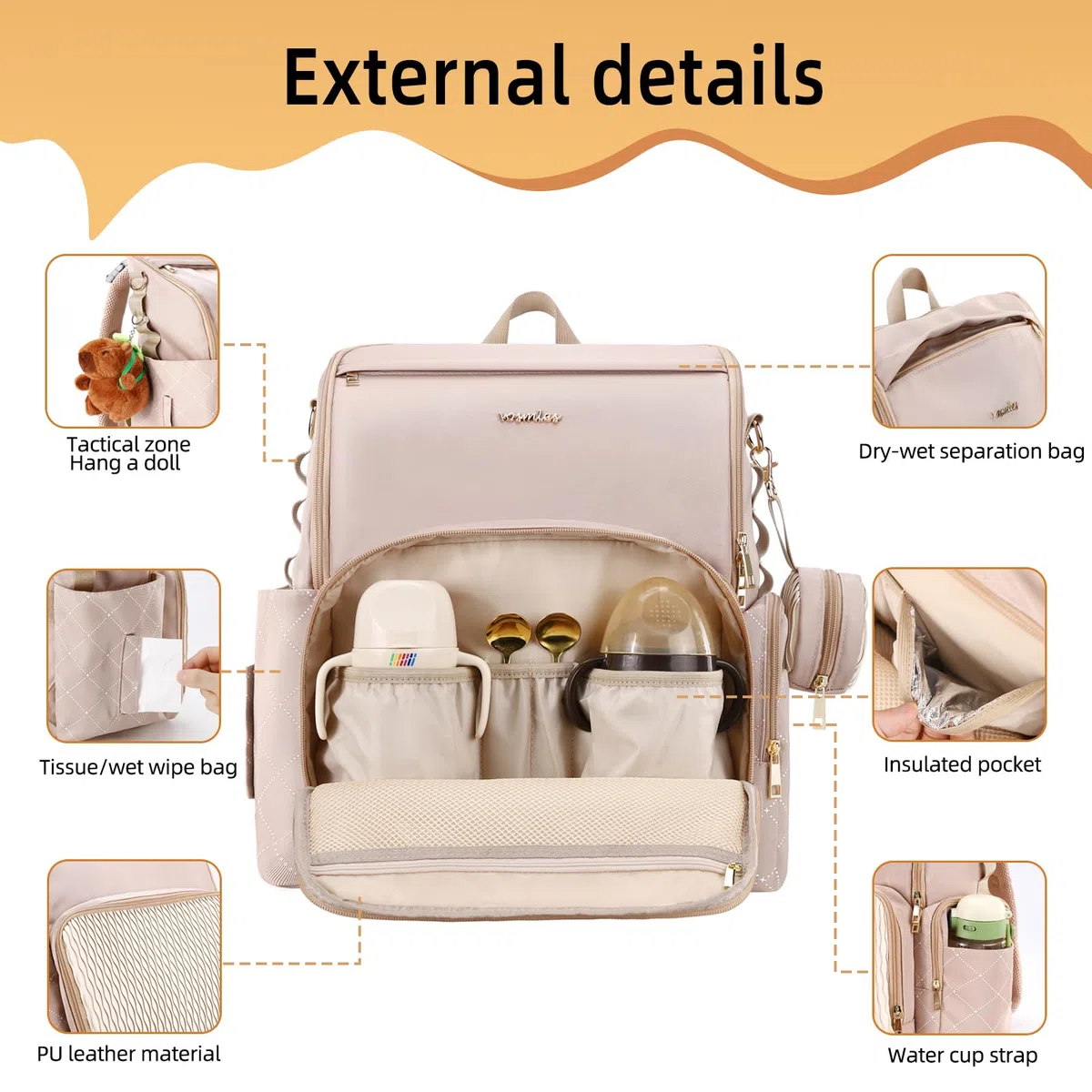 Elegante borsa per pannolini per bambini, borsa con fasciatoio, custodia per ciuccio e cinghie per passeggino
