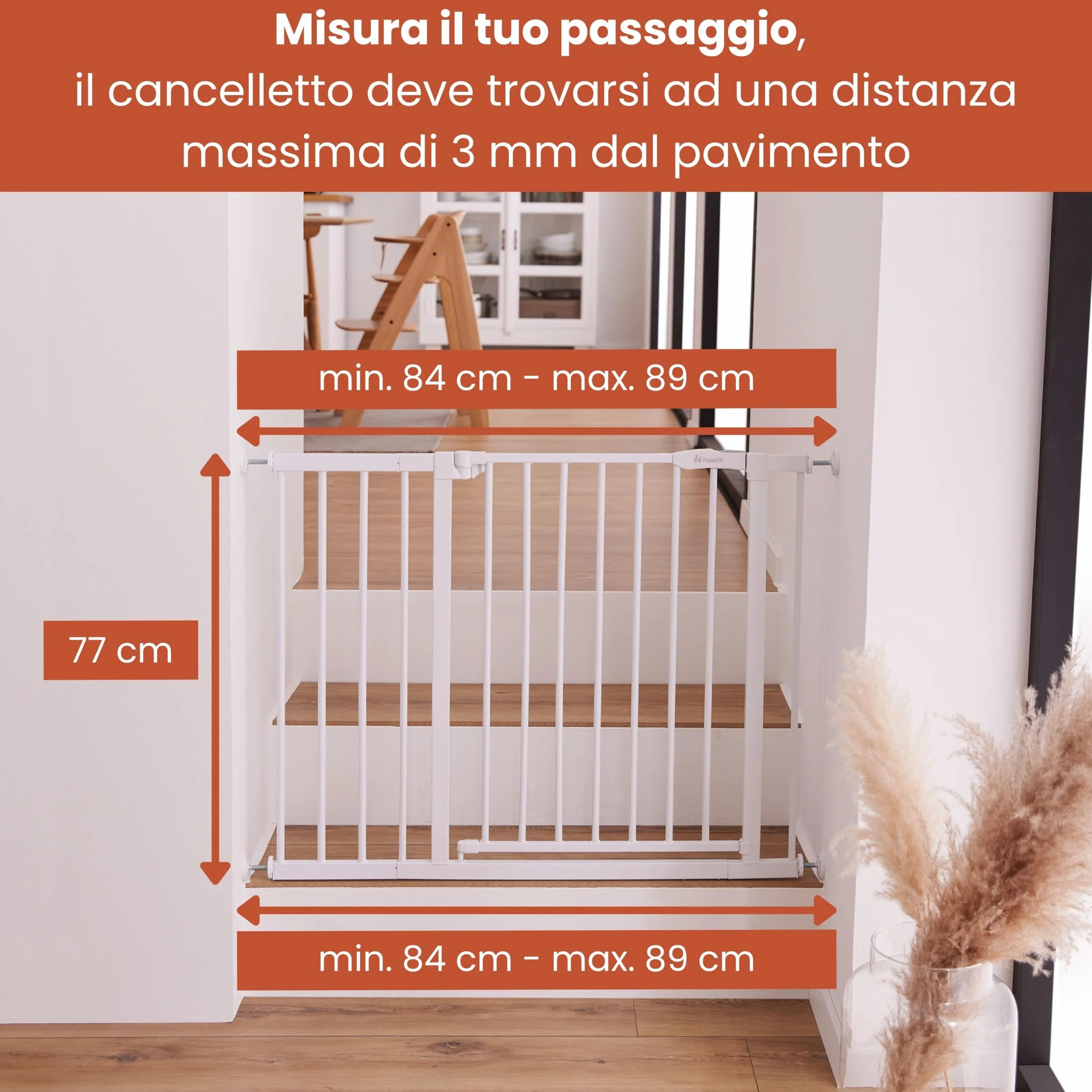 Hauck Open N Stop 2 Estensione 9 cm Bianco Cancelletto Bambini Cani Larghezza Regolabile 84-89 cm Alto 77 cm Apribile una Mano Entrambe Direzioni Interno