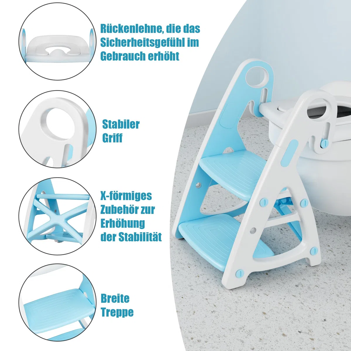 Riduttore wc per Bambini, Scaletta wc per Bambini, Sedile WC e Sgabello Bambini 2 in 1, Portatile Pieghevole, Adatto per Tazze a V, U Oppure O, Vasino con PU Morbida, Gradini Ingranditi (Blu)