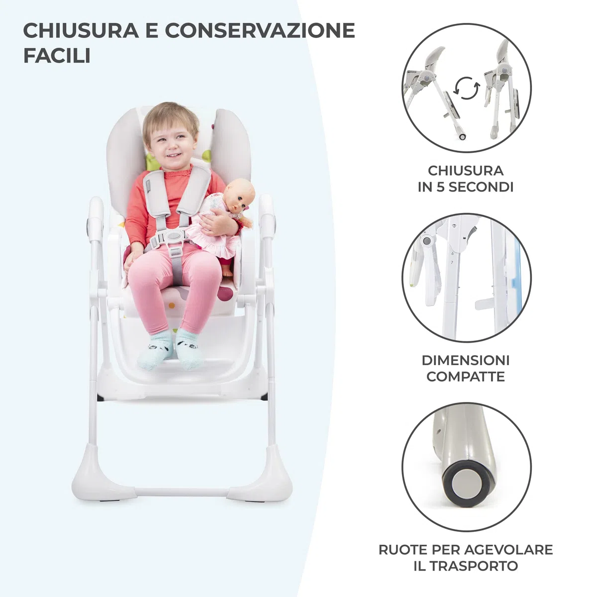 Kinderkraft YUMMY Seggiolone Pappa, Regolabile, Pieghevole, Ripiano Smontabile, per Bambini da 6 Mesi fino a 3 Anni, Grigio
