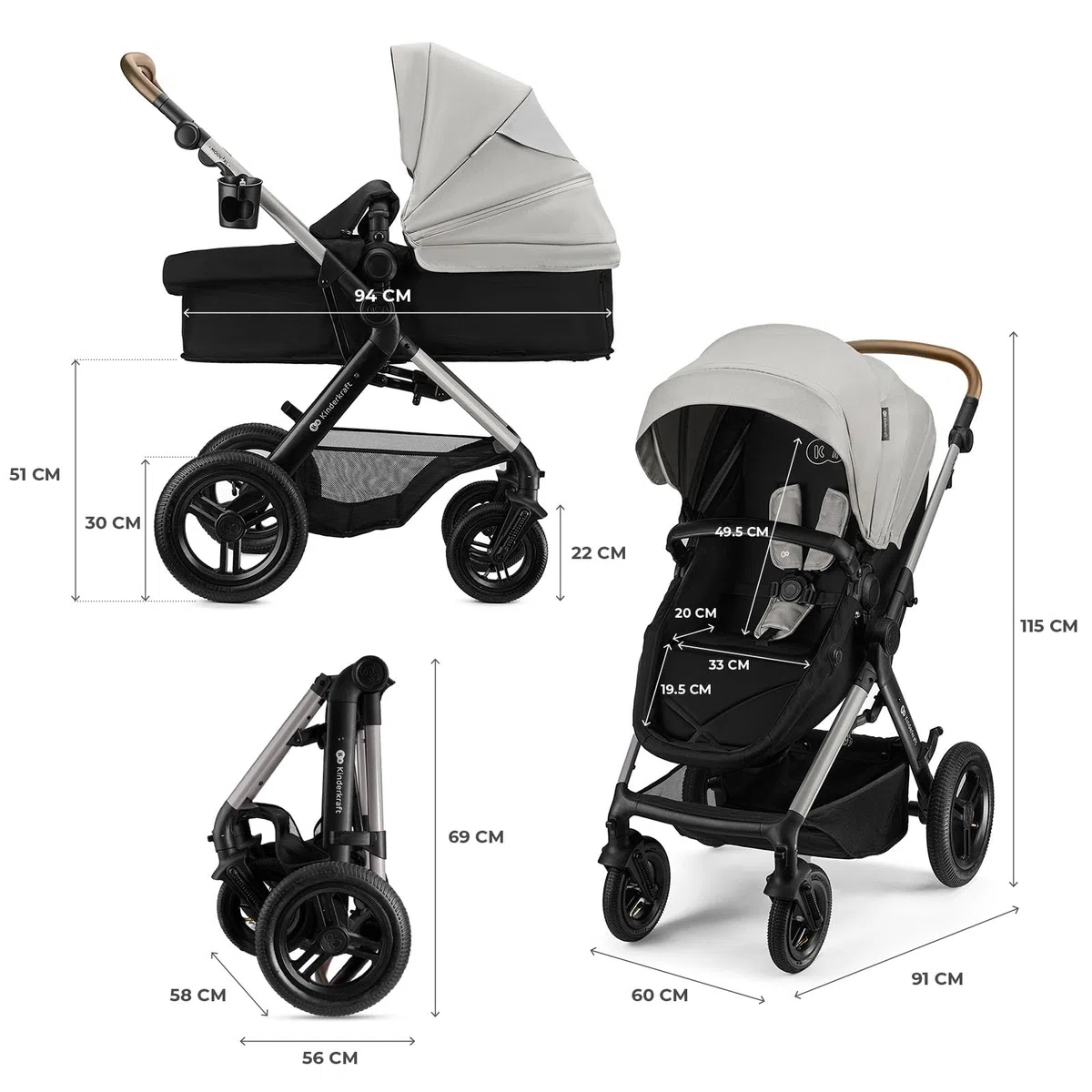 Kinderkraft MOOV XL 3 in 1, Passeggino fino a 27 kg, Carrozzina, Con Seduta I-SIZE 40-75 cm, Pieghevole, Ammortizzatore, Convertibile, Navicella XL, Con Accessori, Grigio Chiaro
