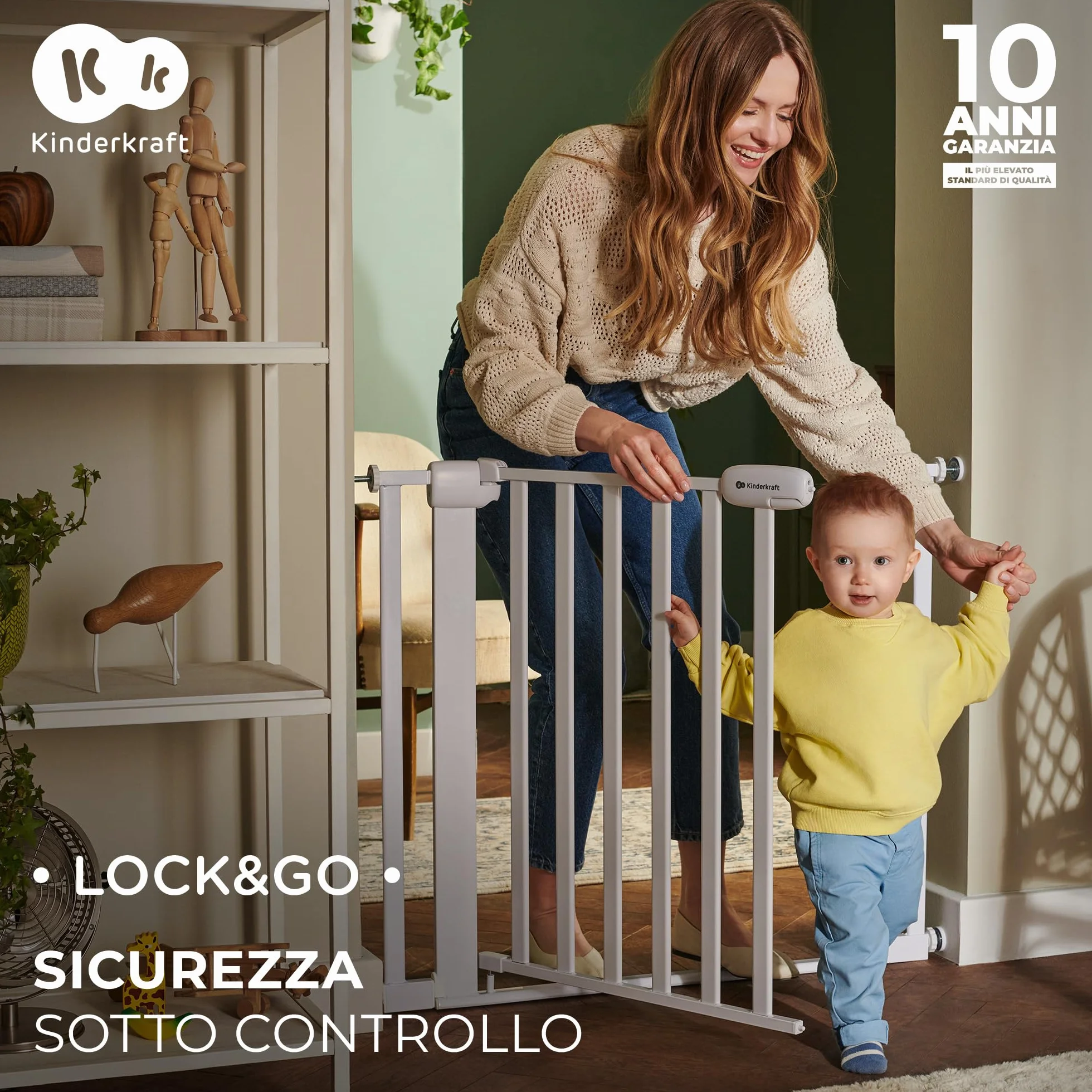 Kinderkraft LOCK&GO Cancelletto di sicurezza da 75-103 cm, Chiude automaticamente di 90 gradi, Doppio dispositivo di sicurezza, Previene di inciampare, Nero