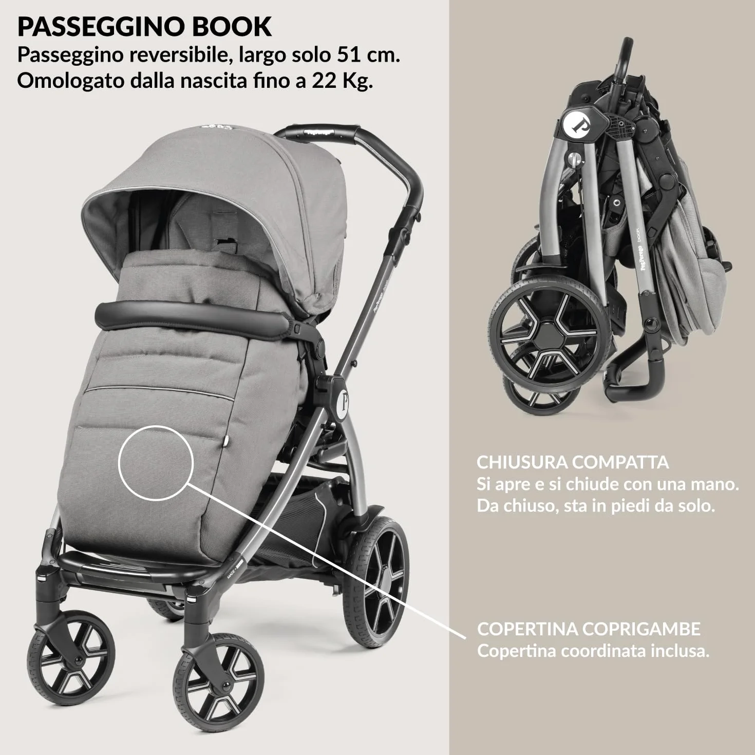 PEG Book Modular Passeggino Trio Neonati 0-4 Anni, Reversibile, Navicella, Seggiolino Auto i-Size, Mercury