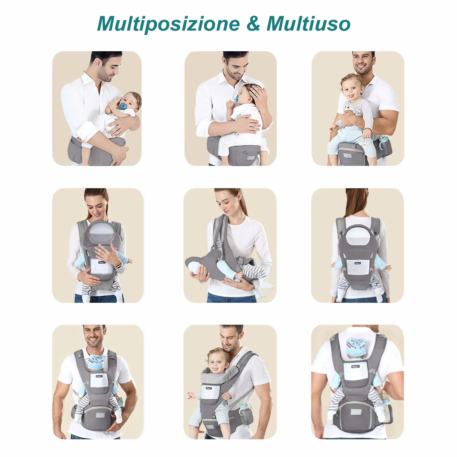 YIKANWEN Marsupio Neonato 0-36 mesi [Scopri di Più Sull'utilizzo] Marsupio Neonato Ergonomico a 25kg, Fascia Neonato con Sedile Multiposizione, Poggia Testa e Cappuccio, Cotone Traspirante, Grigio