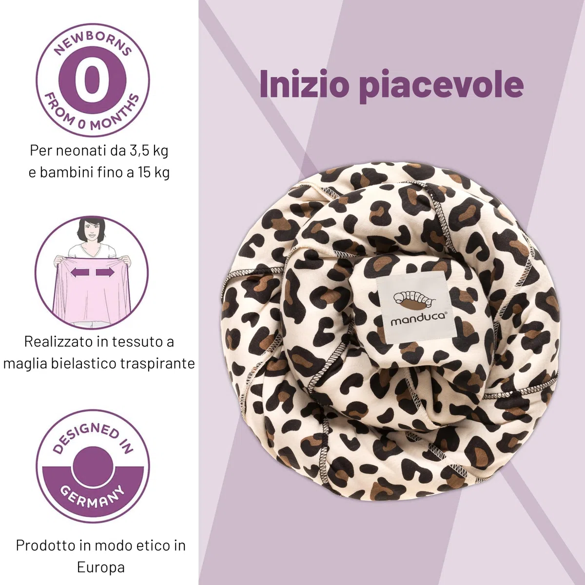 manduca Sling - Fasciatoio Neonato - Marsupio Elastico e per neonati dalla nascita fino a 15 kg - Puro cotone biologico - Leopardo