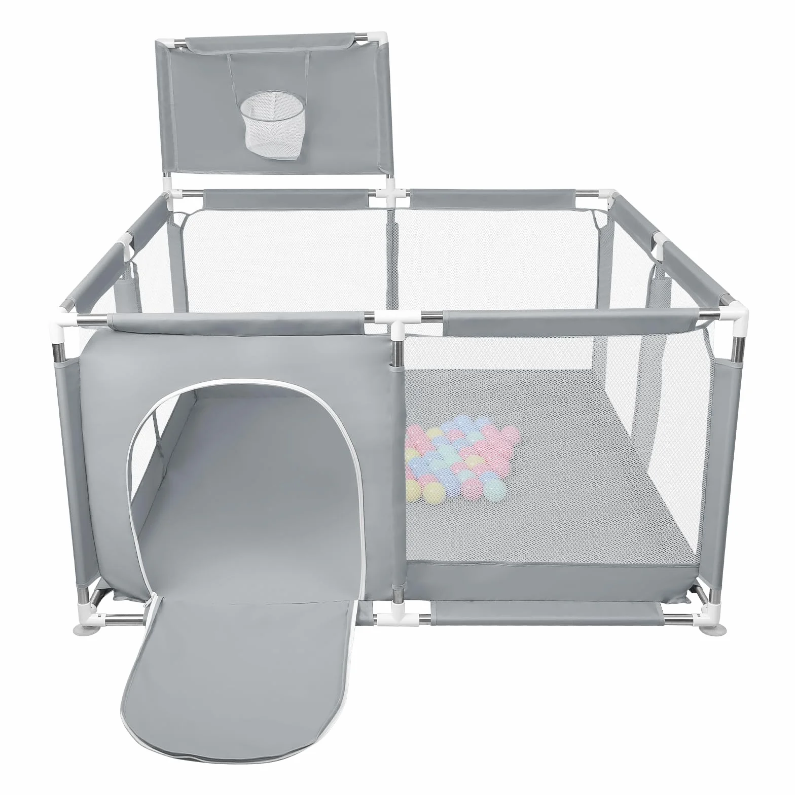 Box per Bambini, Recinto per Bambini Pieghevole in Tessuto Oxford con Rete Traspirante, Box per Neonati con Giochi che Include 50 Palline (126 x 126 x 66 cm, grigio scuro)