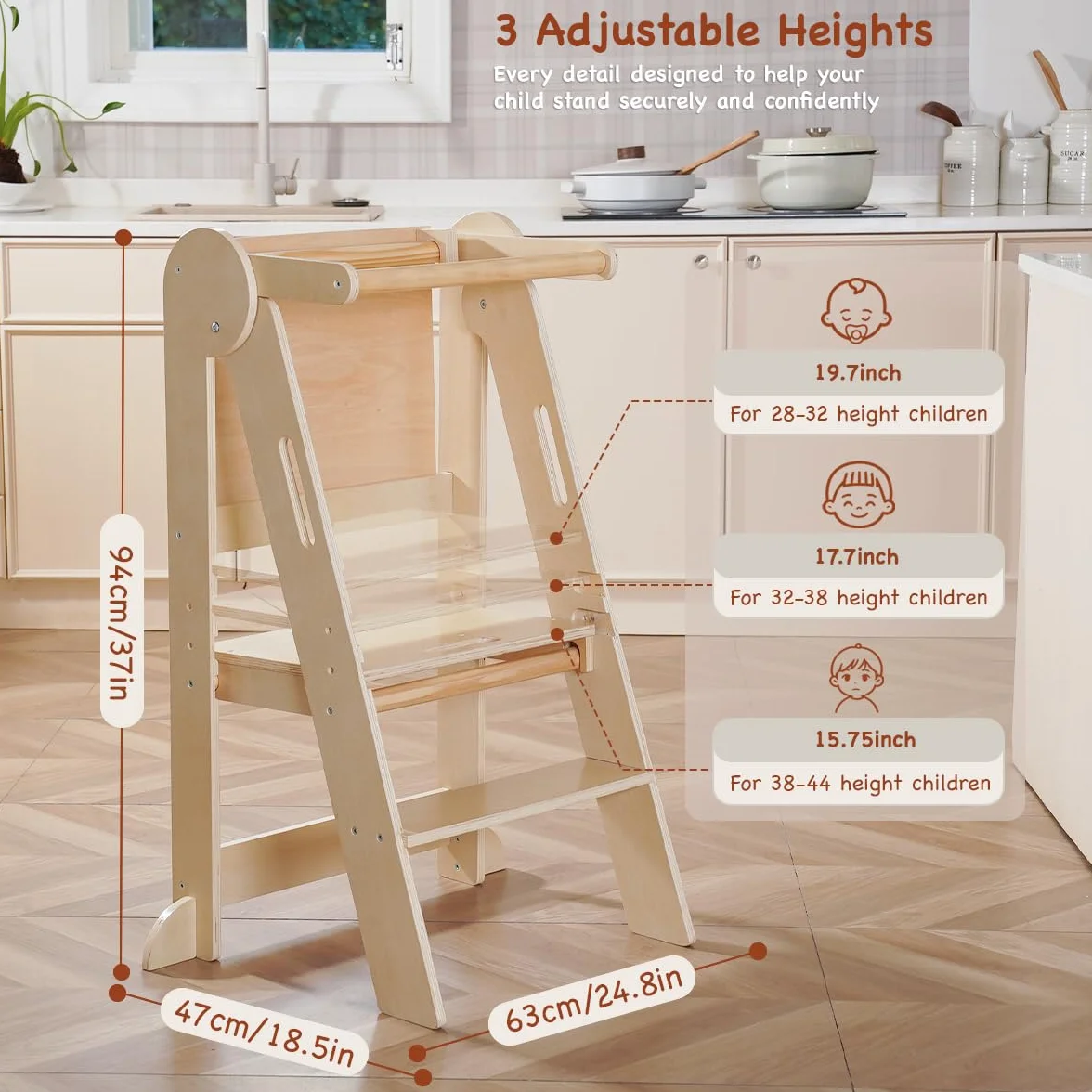Torre Montessoriana Pieghevole per Bambini, Sgabello Aiutante da Cucina in Legno con Lavagna Integrata, Learning Tower con Barra di Sicurezza