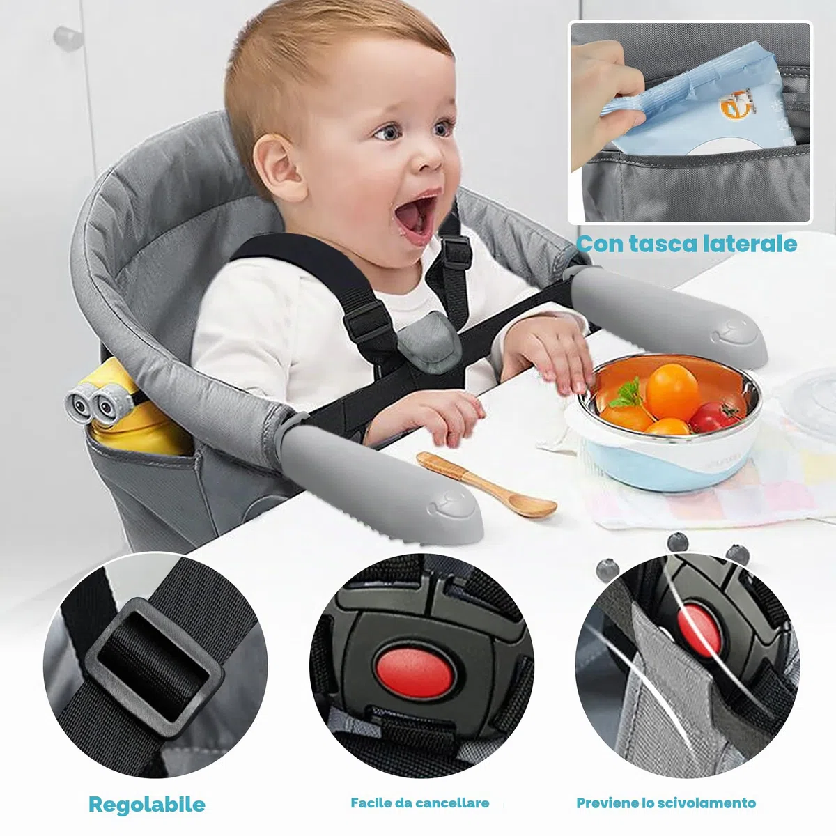 UISEBRT Seggiolino da Tavolo Pieghevole, Seggiolone per Bambini con Altezza Regolabile, Seggiolino con Morsetto Antiscivolo e Cintura di Sicurezza, Seggiolone Portatile per Bambini per Viaggi e Casa