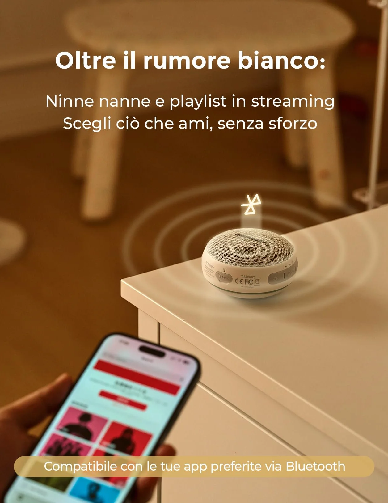 Momcozy WN06 Macchina Rumori Bianchi Neonato Portatile con Luce Notturna, 20 Suoni Rilassanti, Altoparlante Bluetooth, Timer