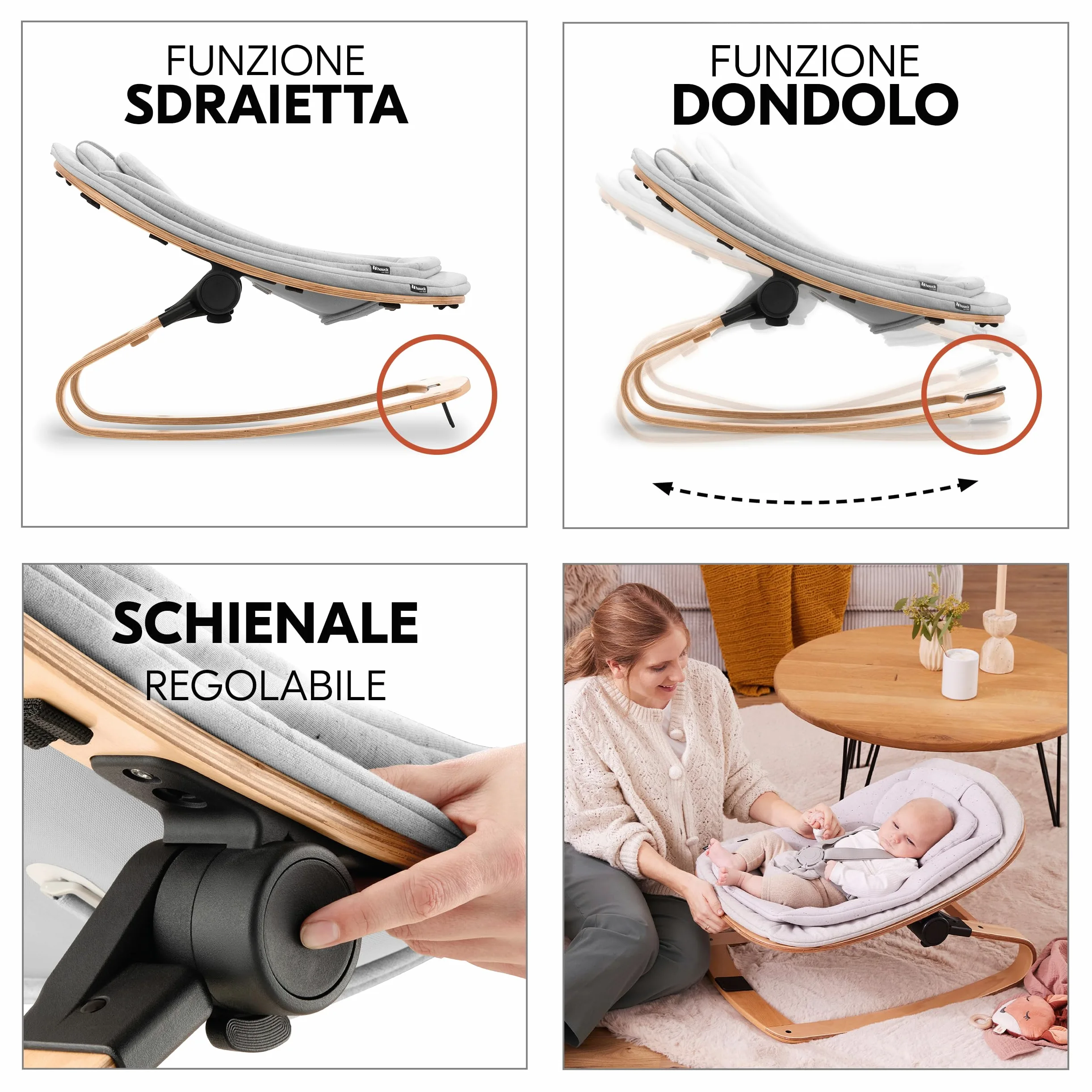 hauck Seggiolone Beta+ Newborn Set Eco Bouncer - Sediolone Pappa Bimbi in Legno Da 0 Mesi con Sdraietta Neonati Dondolo, Cuscino e Vassoio - (Grigio scuro)