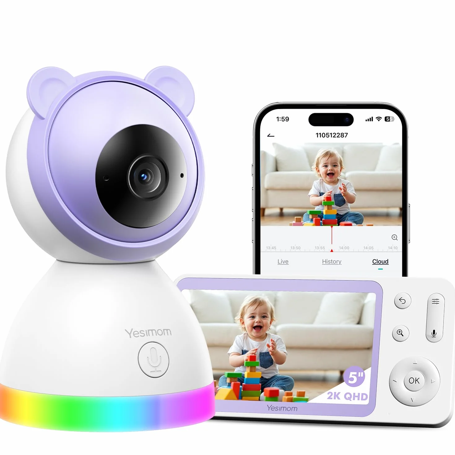 Baby Monitor 2K Video e Audio, Telecamera Bambini con APP, 5" Monitor, Luce Notturna, 360° PTZ, Allarmi Pianto e Movimento 8TM-1PZ