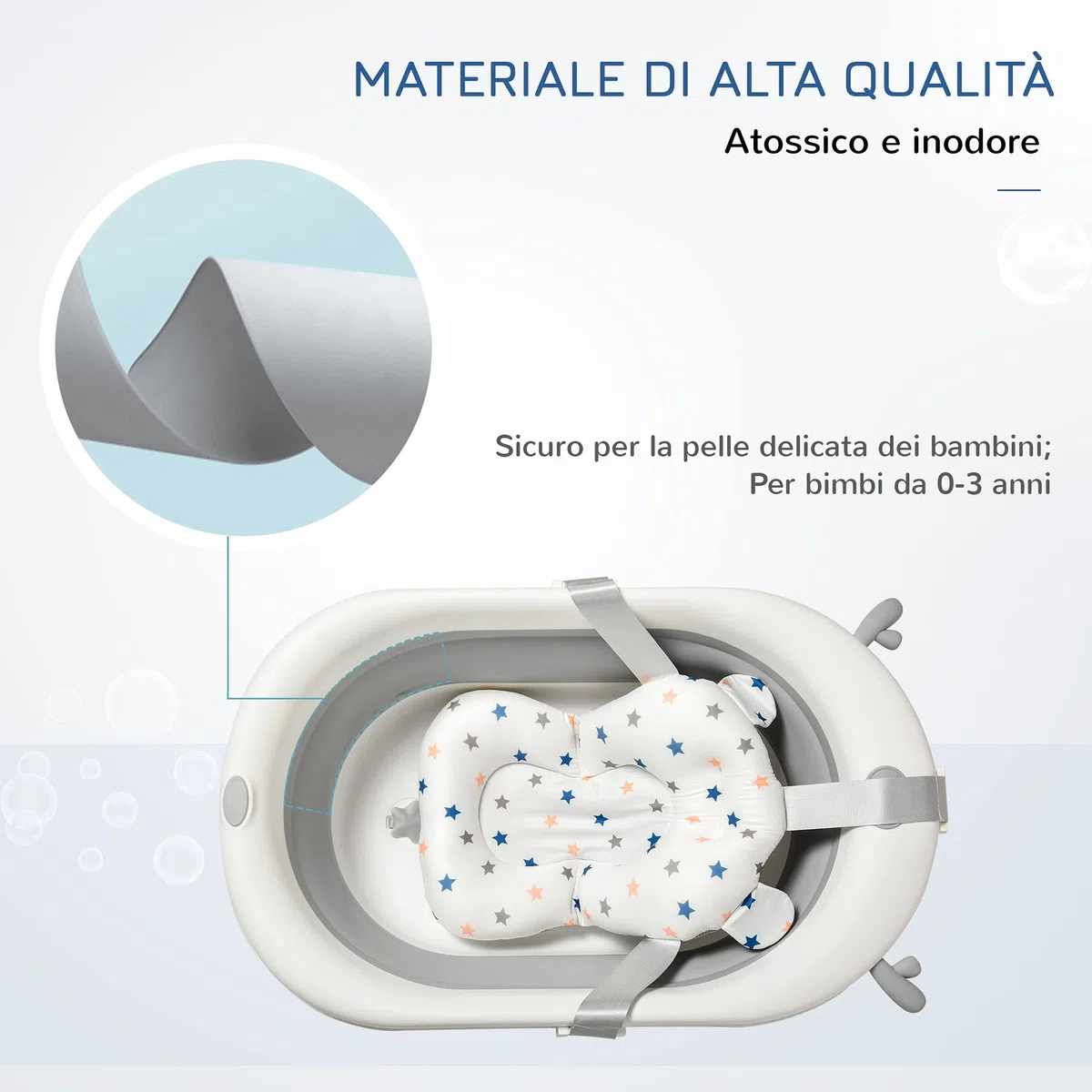 HOMCOM Vaschetta Bagnetto Pieghevole per Bambini 0-3 Anni con Indicatore di Temperatura e Cuscino, 81.5x50.5x23.5cm, Bianco