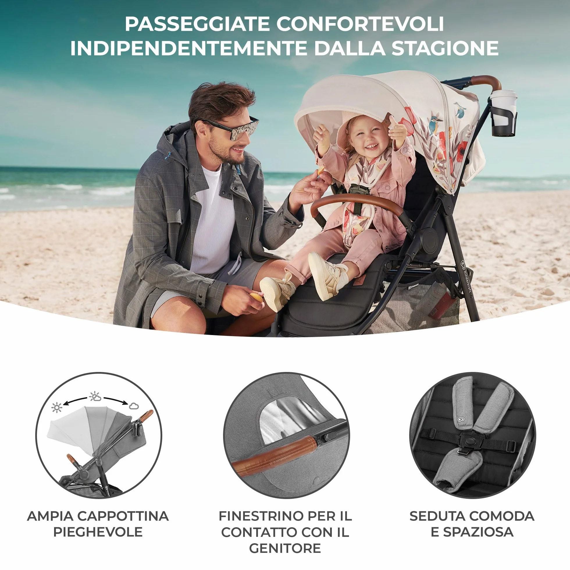 Kinderkraft GRANDE PLUS Passeggino Leggero 22 kg Pieghevole una Mano Cappottina XL Grigio