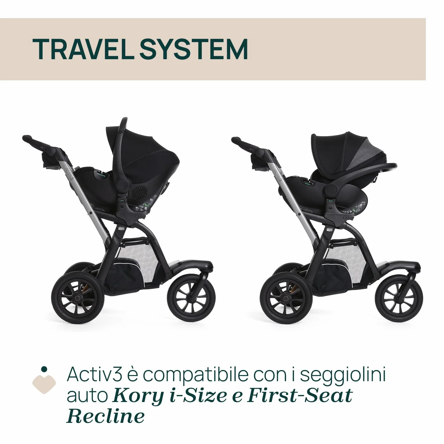Passeggino Activ3 Con 3 Ruote, Funzionale e Facile da Guidare Su Tutti i Terreni, Seduta Ampia, Schienale Reclinabile, Chiusura Pratica e Veloce, Ammortizzatori Regolabili, 0 Mesi+, Ebony
