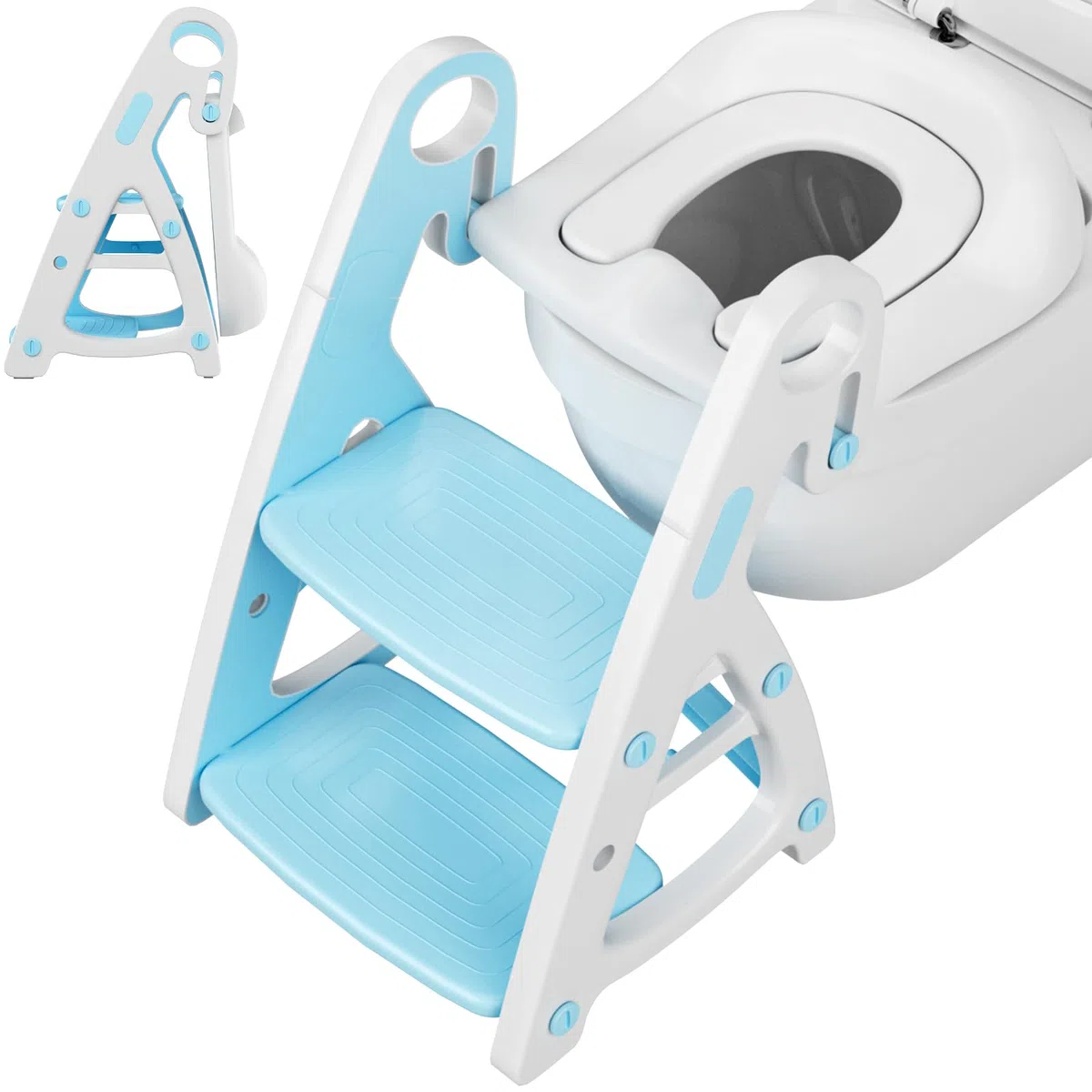 Riduttore wc per Bambini, Scaletta wc per Bambini, Sedile WC e Sgabello Bambini 2 in 1, Portatile Pieghevole, Adatto per Tazze a V, U Oppure O, Vasino con PU Morbida, Gradini Ingranditi (Blu)