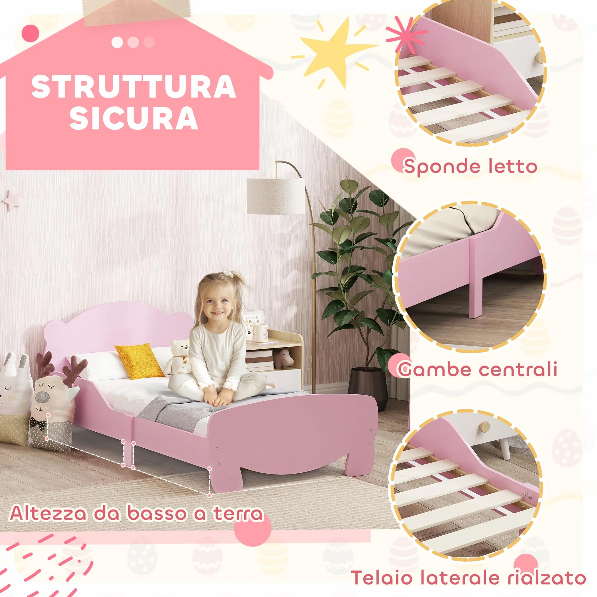 AIYAPLAY Letto Montessori Bambini 140x70 cm Lettino Singolo con Sponde Anti-Caduta Rosa