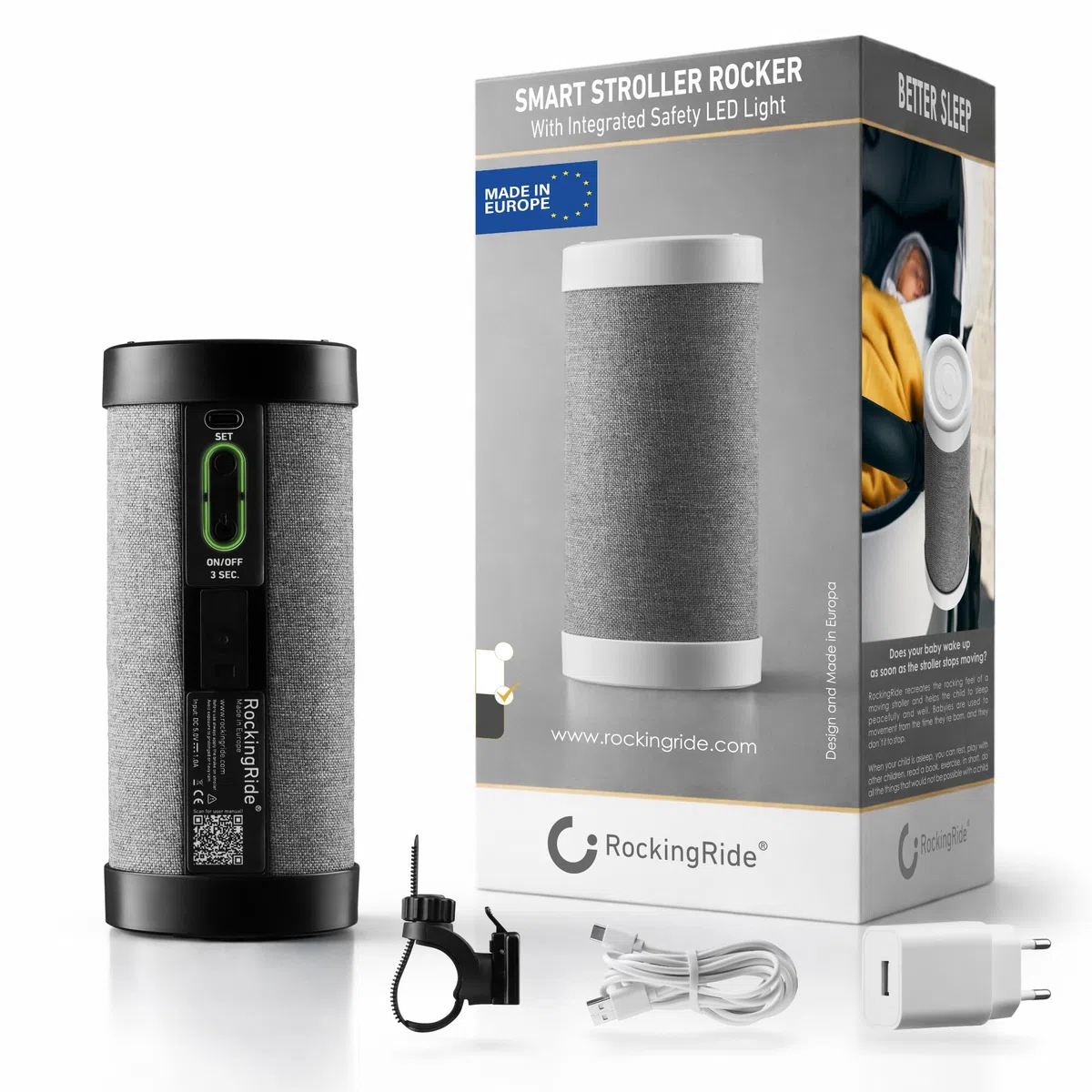 Il tuo bambino dorme più velocemente – Dondolatore Passeggino Automatico per Neonati, Movimento Naturale, 30 Ore Batteria, USB-C, Luce LED Sicurezza, Universale – RockingRide PRO (Nero)