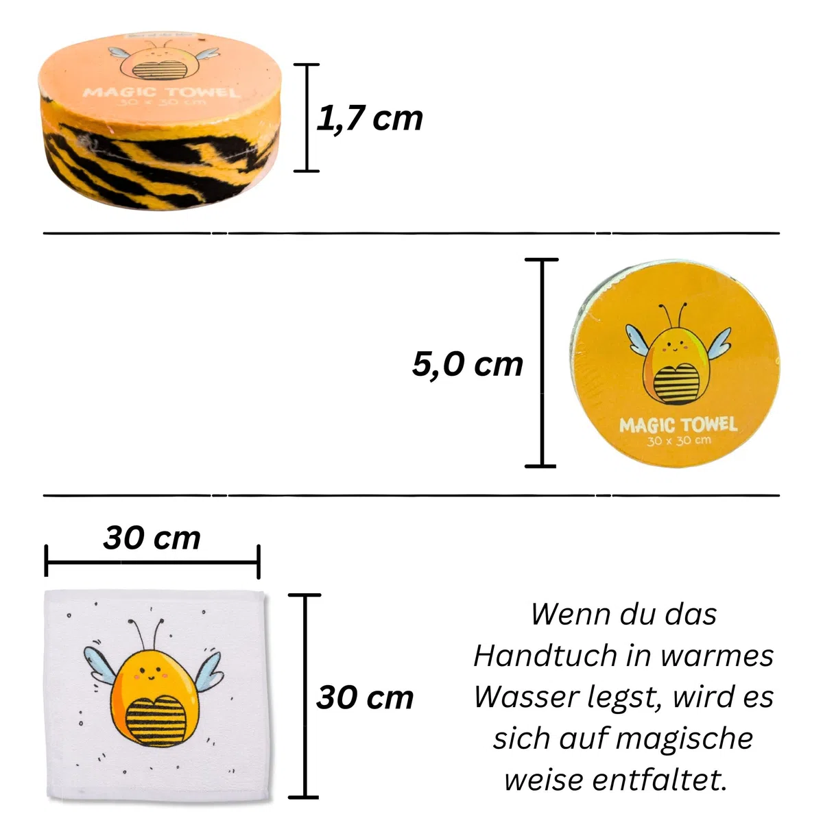 Bada Bing Set di 12 asciugamani magici a tema ape – Guanti magici in cotone con gancio, asciugamano magico per bambini, circa 30 x 30 cm, 4 scomparti, regalo di compleanno