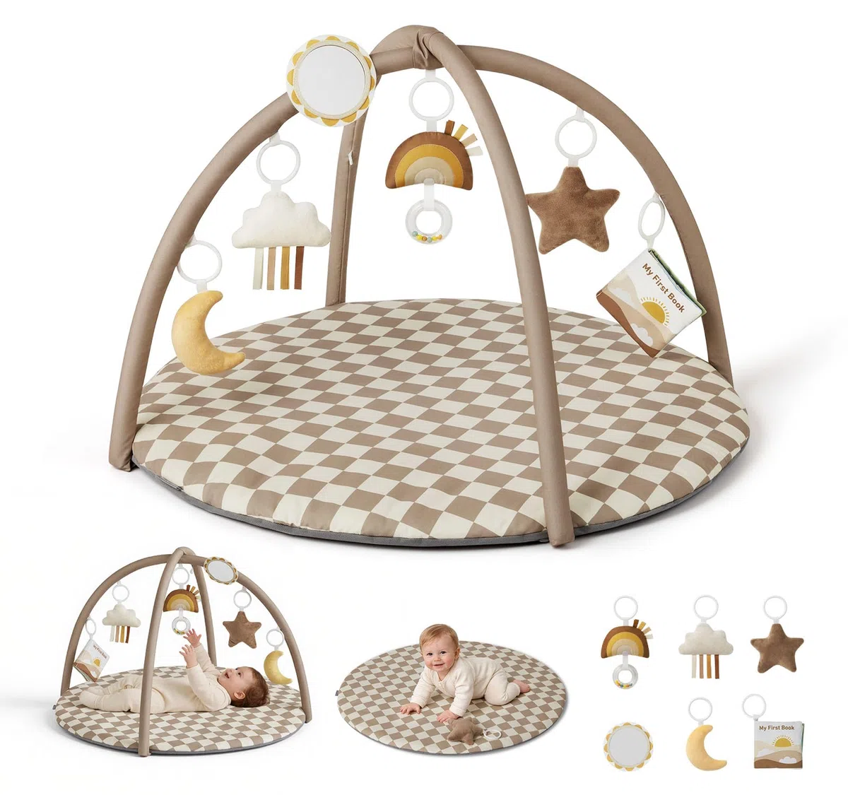 Blissful Diary Palestrina Neonato Con Arco Rimovibile, Palestrina Neonato Montessori Con 6 Giochi - Sviluppo Sensoriale E Motorio Progressivo, Regalo Per Neonati, Ragazze E Ragazzi, Tortora Quadri