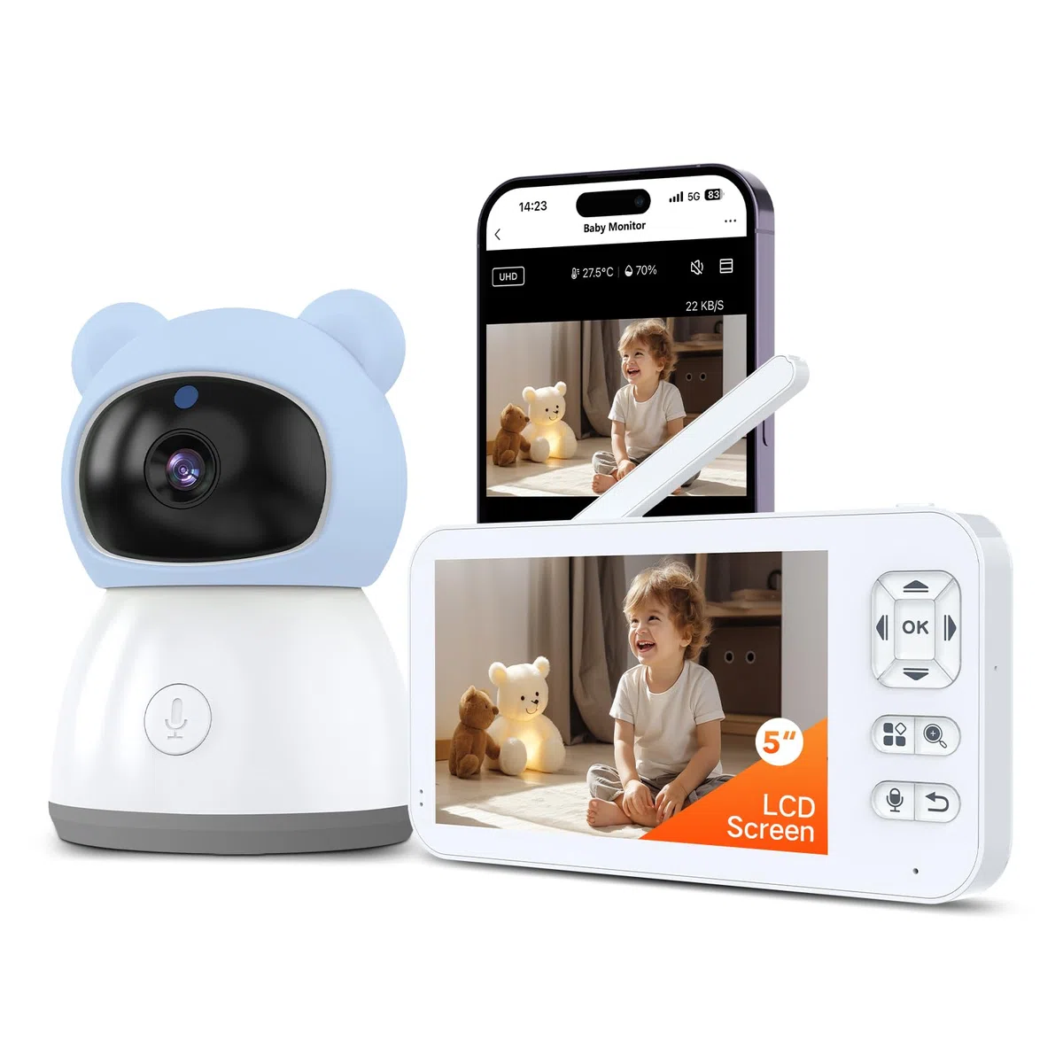 2K 5" Babyphone Camera con App Telefono, Rotazione a 360° Luce Notturna Colorata, Zoom 4X, Monitoraggio del Movimento, Monitoraggio Automatico, Area di Allarme Personalizzata
