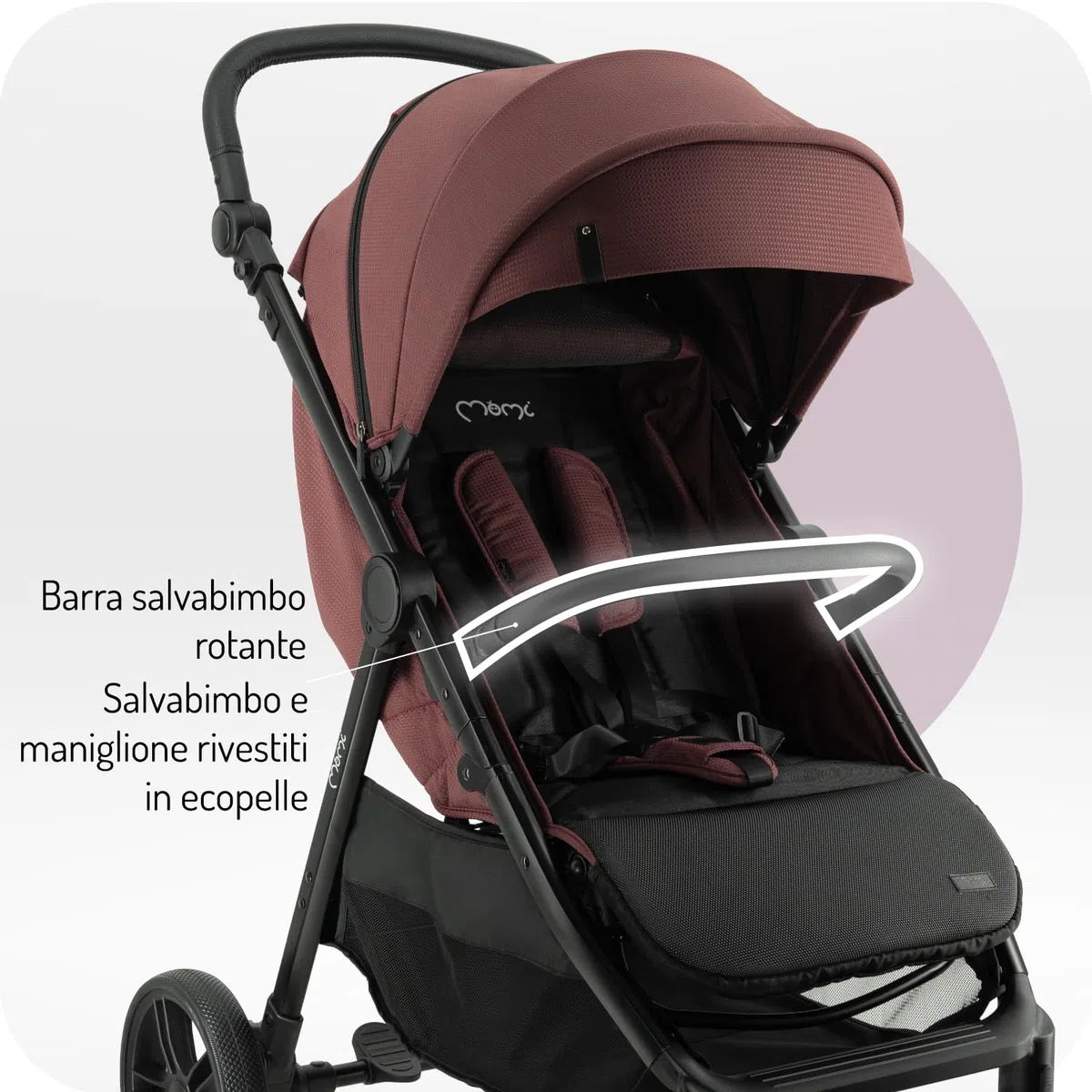 Il passeggino MoMi CLARA a partire da 6 mesi, fino a 22 kg di peso corporeo, cinture di sicurezza a 5 punti, coprigambe, portabicchieri, cestino per la spesa, borsa, zanzariera, telo parapioggia