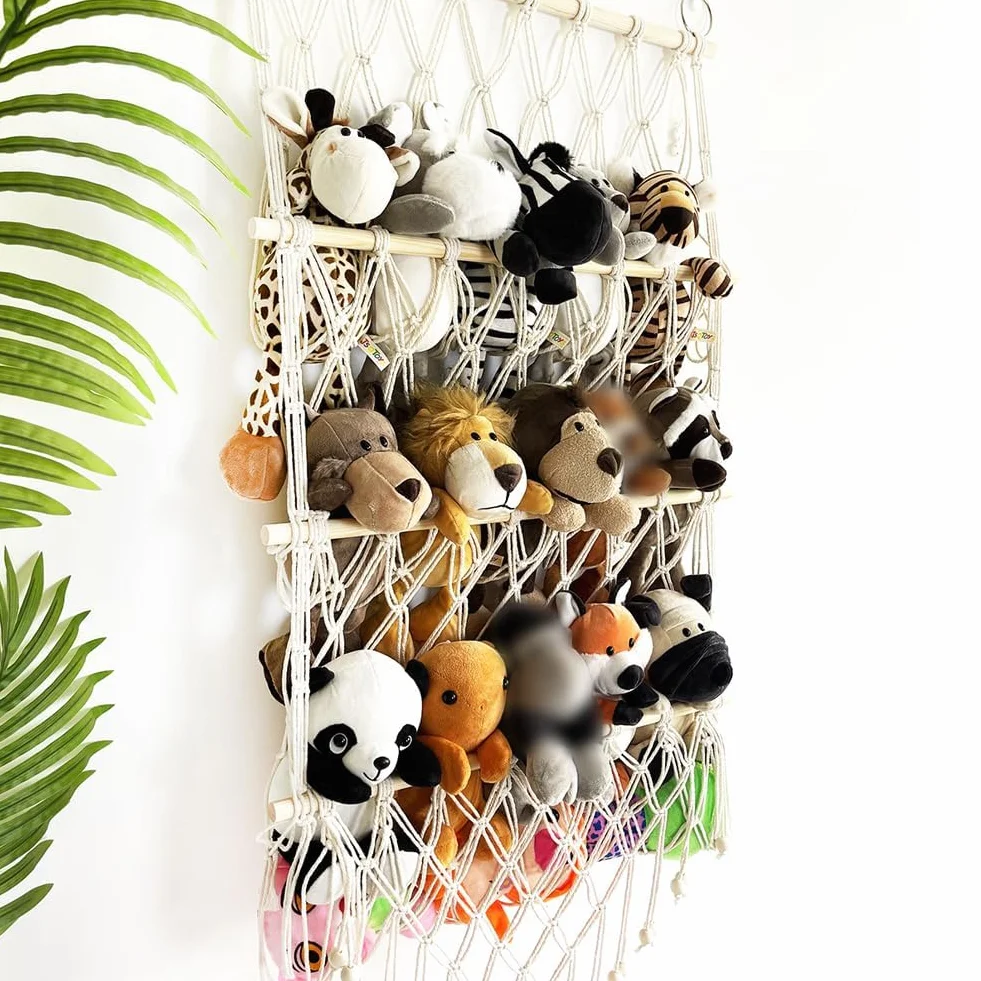 Amaca Portapeluche con Corda di Cotone - Rete Sospesa Intrecciata a Mano per Camera dei Bambini