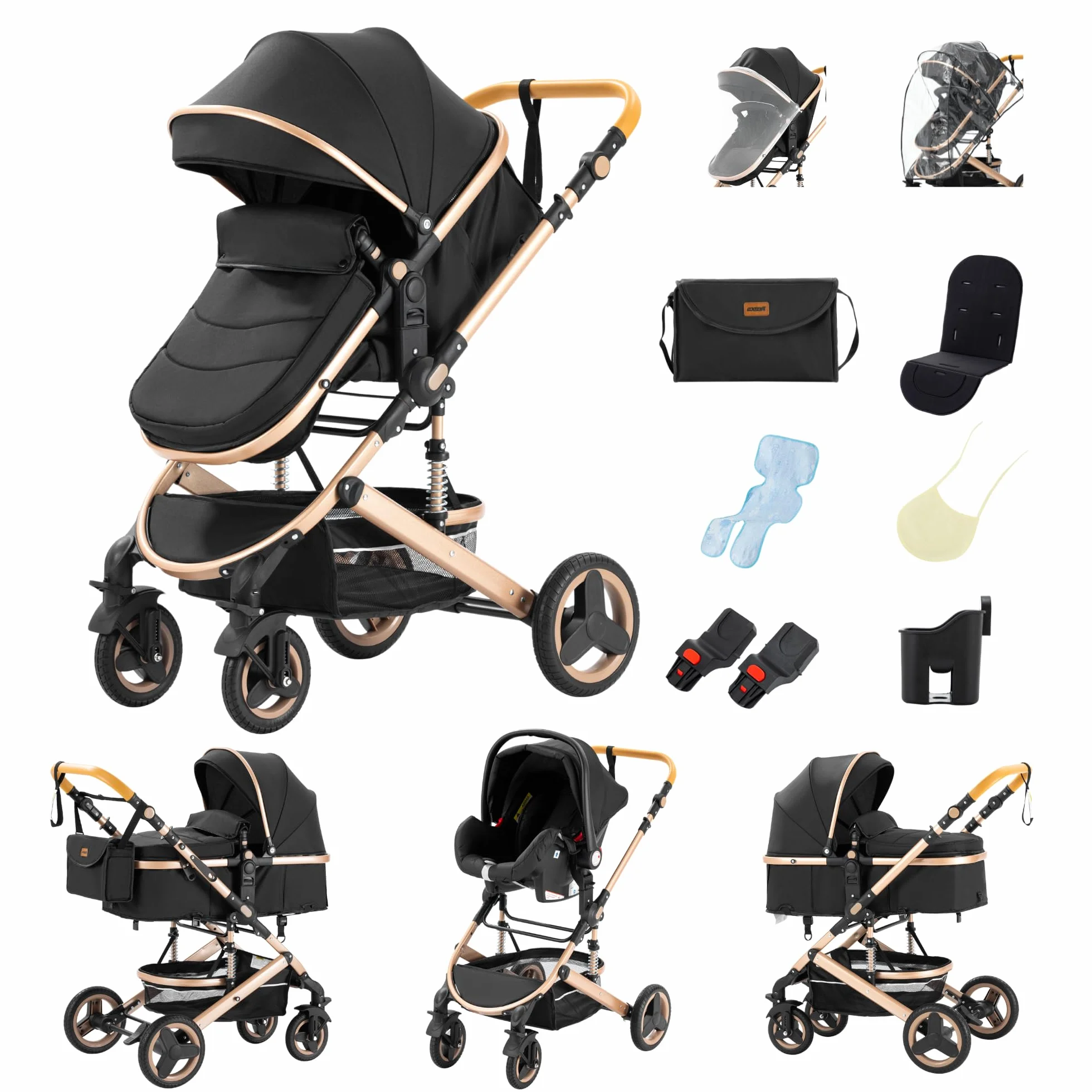 GLOKID Passeggino 3 w 1 Triciclo Alto Paesaggio Pieghevole 0-36 Miesięcy Czarny
