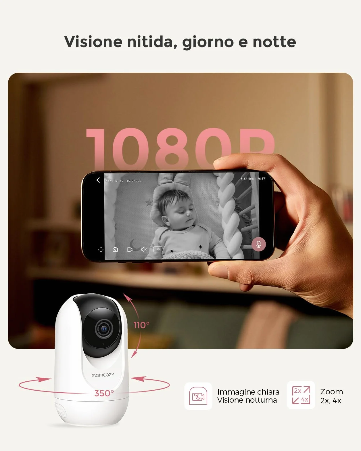 Momcozy Baby Monitor 1080P 5" WiFi Telecamera Neonato 5000mAh Batteria Zoom 4X Visione Notturna