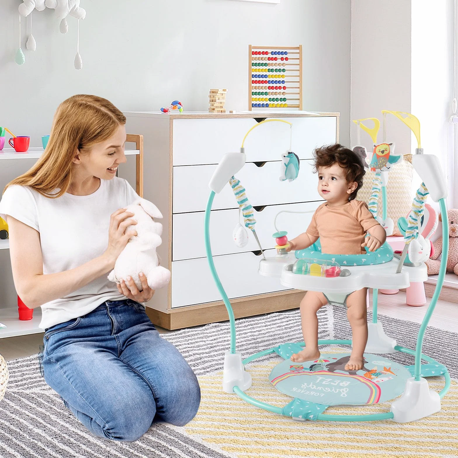 LIFEZEAL Jumperoo Bebe con seduta girevole a 360° e rimovibile, saltatore per bambini, altezza regolabile, 3 posizioni, centro giochi con luce e musica, 9 giocattoli, carico 12 kg, transat comfort