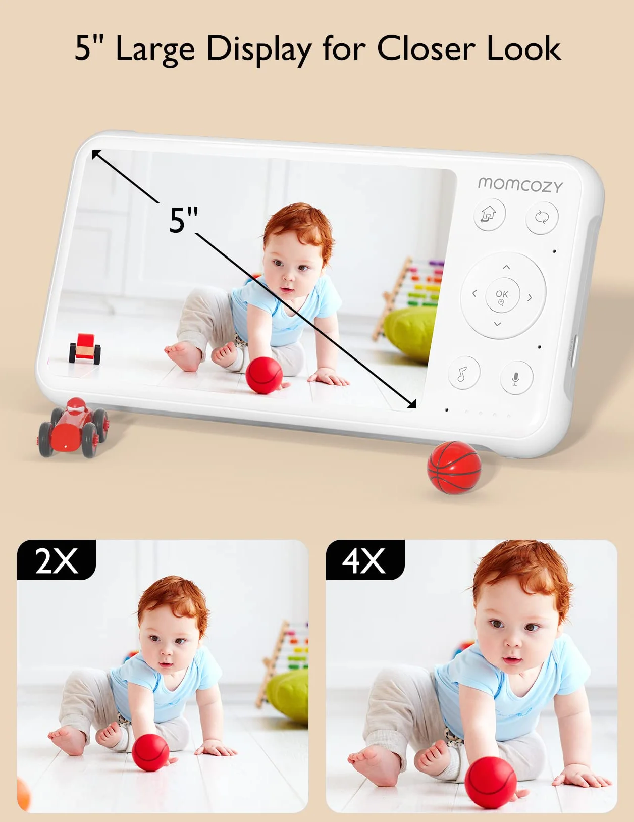 momcozy BM01 Baby Monitor Video con 2 Telecamere, 5" 1080P HD Split-Screen, Batteria 5000mAh, No WiFi,Visione Notturna, Audio Bidirezionale, VOX, 300m, Idea Regalo Nascita per Gemelli
