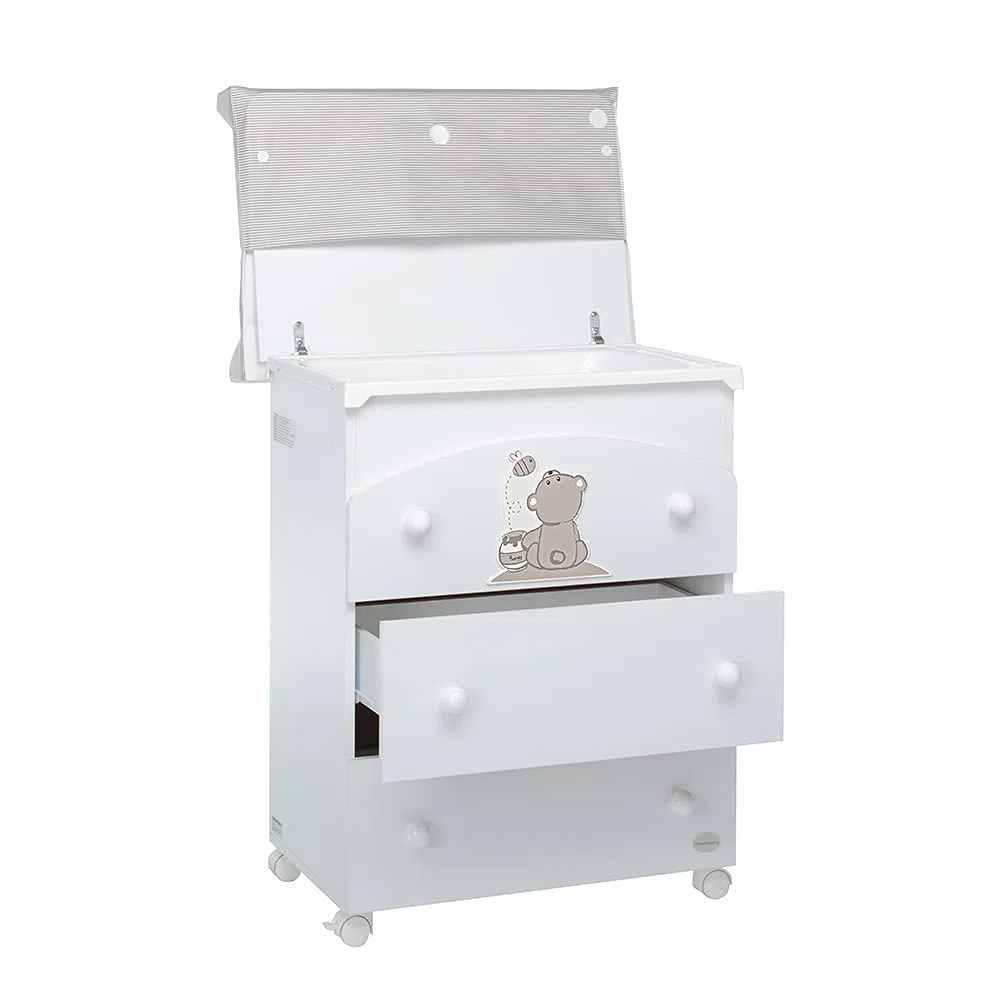Foppapedretti Bagnetto Fasciatoio Golosone, Legno, Made in Italy, 3 Cassetti, Piano Fasciatoio Ribaltabile, Vaschetta Anatomica Estraibile, 4 ruote, Materassino Incluso, 47x69x89 cm, Bianco