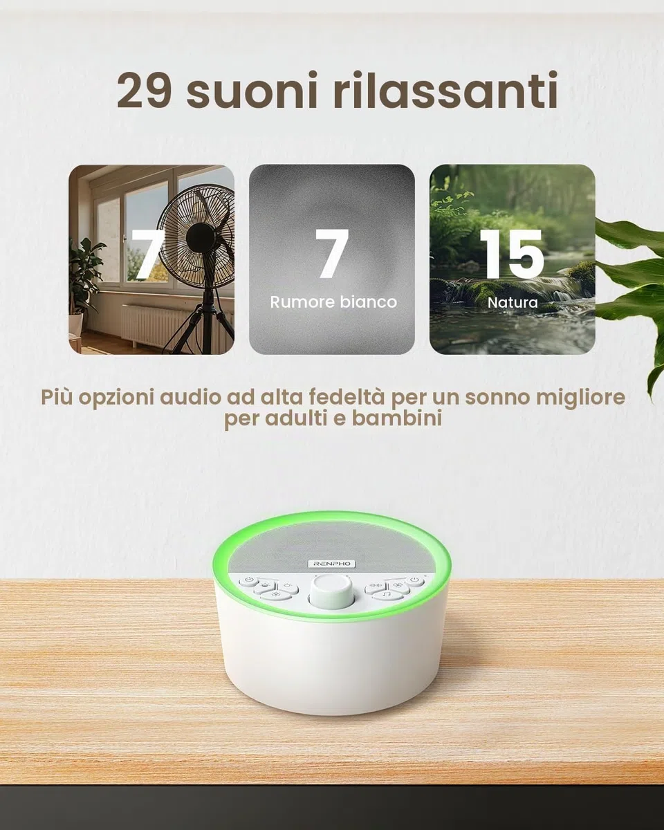 Renpho Macchina Rumore Bianca, con luce notturna per il sonno del bambino, macchina per il sonno senza loop 29 Hi-Fi, suoni rilassanti per rilassarsi, white noise machine per bambini, adulti