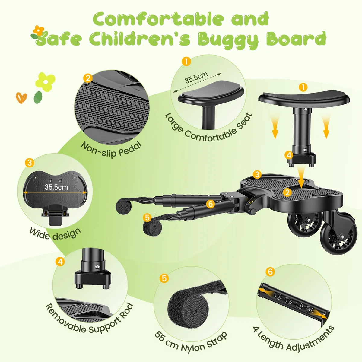 Passeggino universale Skate Passeggino universale portatile Kiddy Boards con cinghia di sospensione, ruote per bambini da 2 a 6 anni (25 kg)