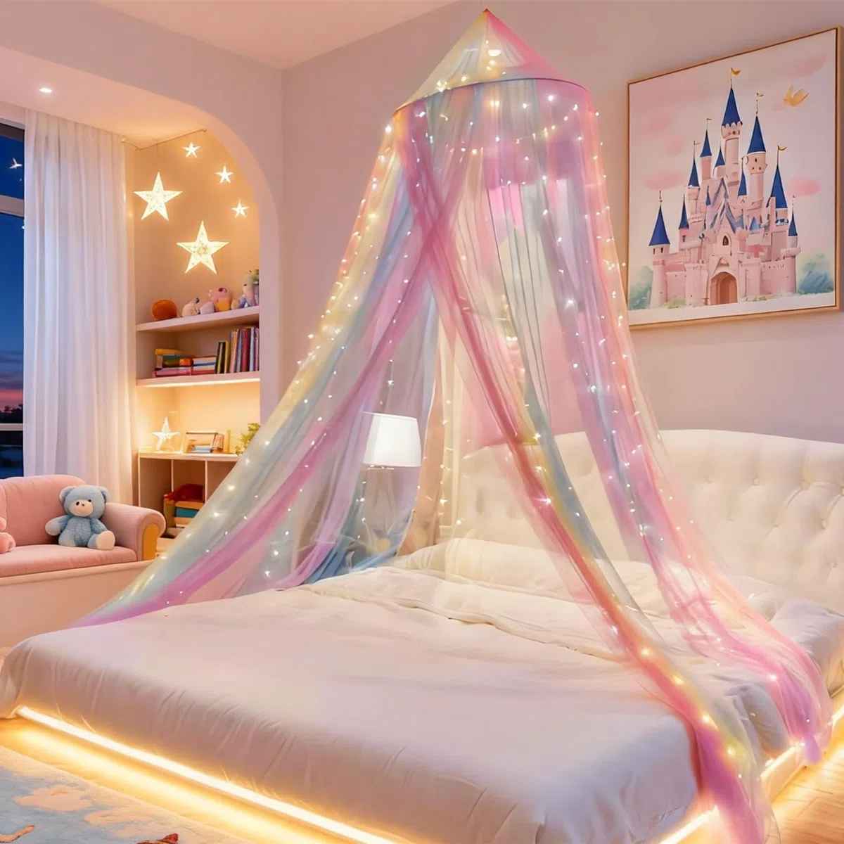 Principessa baldacchino letto con 250pcs luci bianche calde tenda, baldacchino letto arcobaleno per le ragazze camera decorazione o festa a tema unicorno