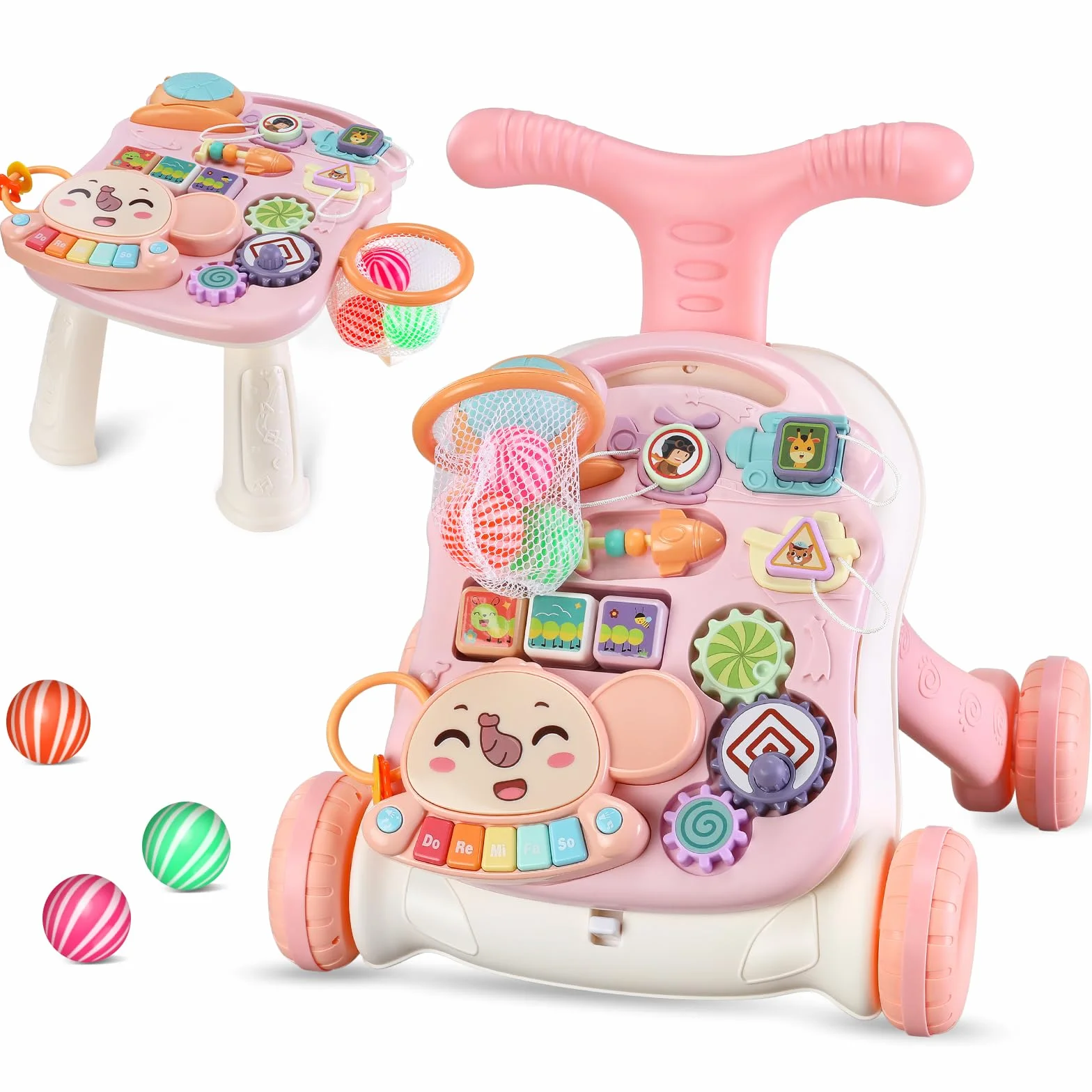 Girello 2 in 1 per sedersi e stare in piedi per bambini da 6 a 36 mesi, carrello per bambini, centro di attività educativa precoce, piastra di gioco rimovibile, Rosa